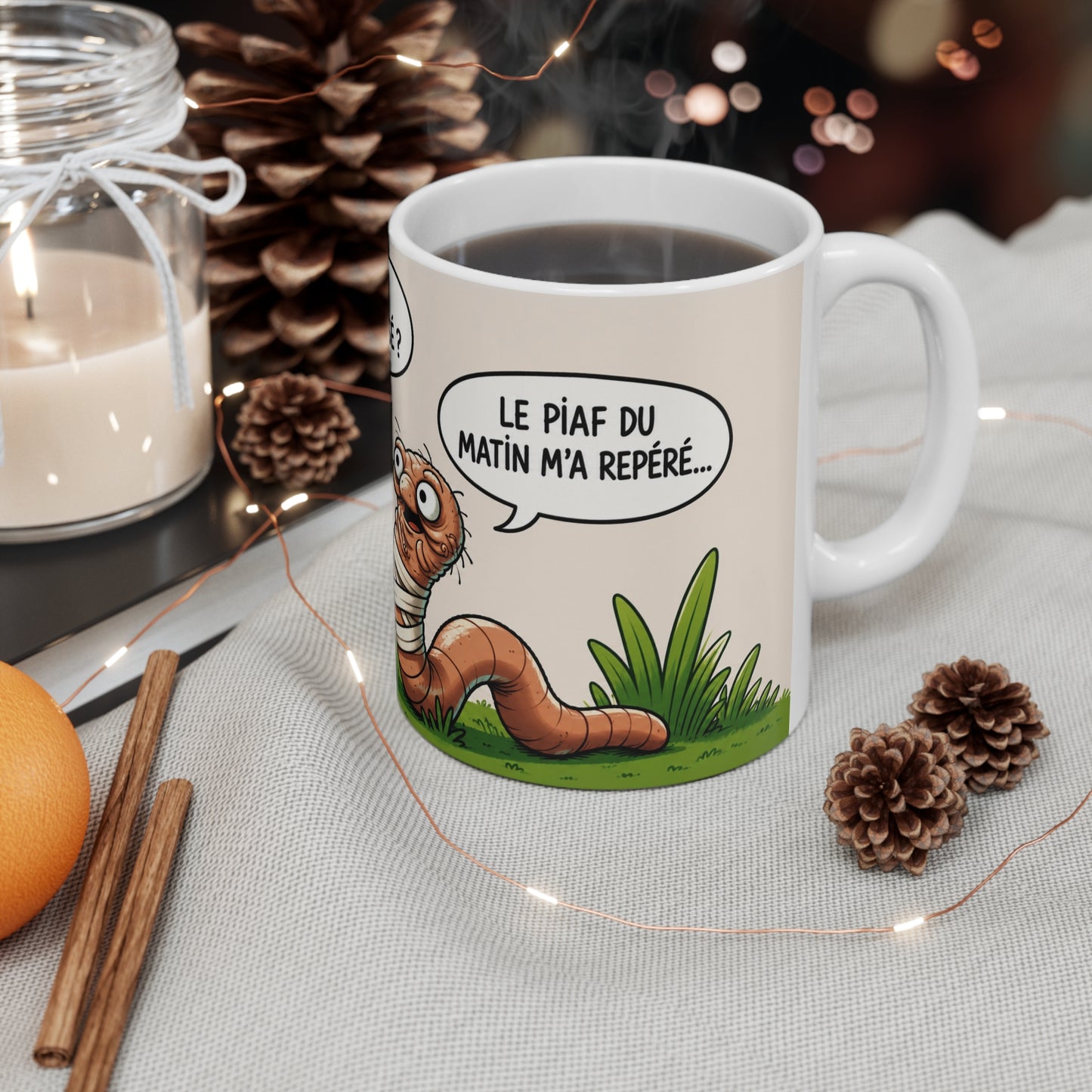 Tasse Ver de Terre Humour – Mug “Le Piaf du Matin M’a Repéré” – Cadeau Drôle Homme Femme 325ml