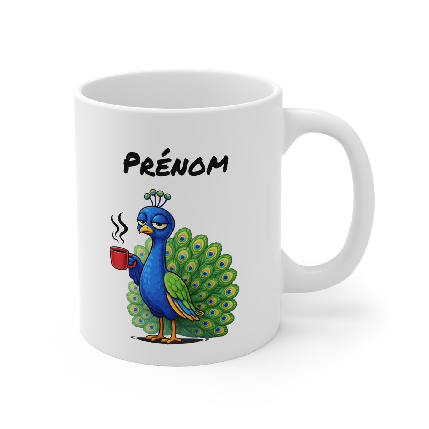 Tasse Paon Fatigué avec Café – Mug Animal Coloré et Humour – Illustration Oiseau Mignon 325ml – Idée Cadeau Originale
