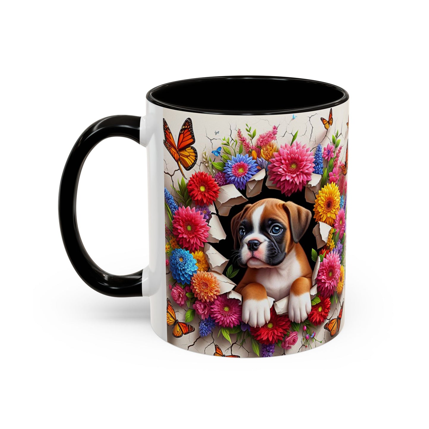 Mug Boxer Kawaii – Tasse Chiot Boxer avec Fleurs Colorées et Papillons – Cadeau Amoureux des Chiens 325ml