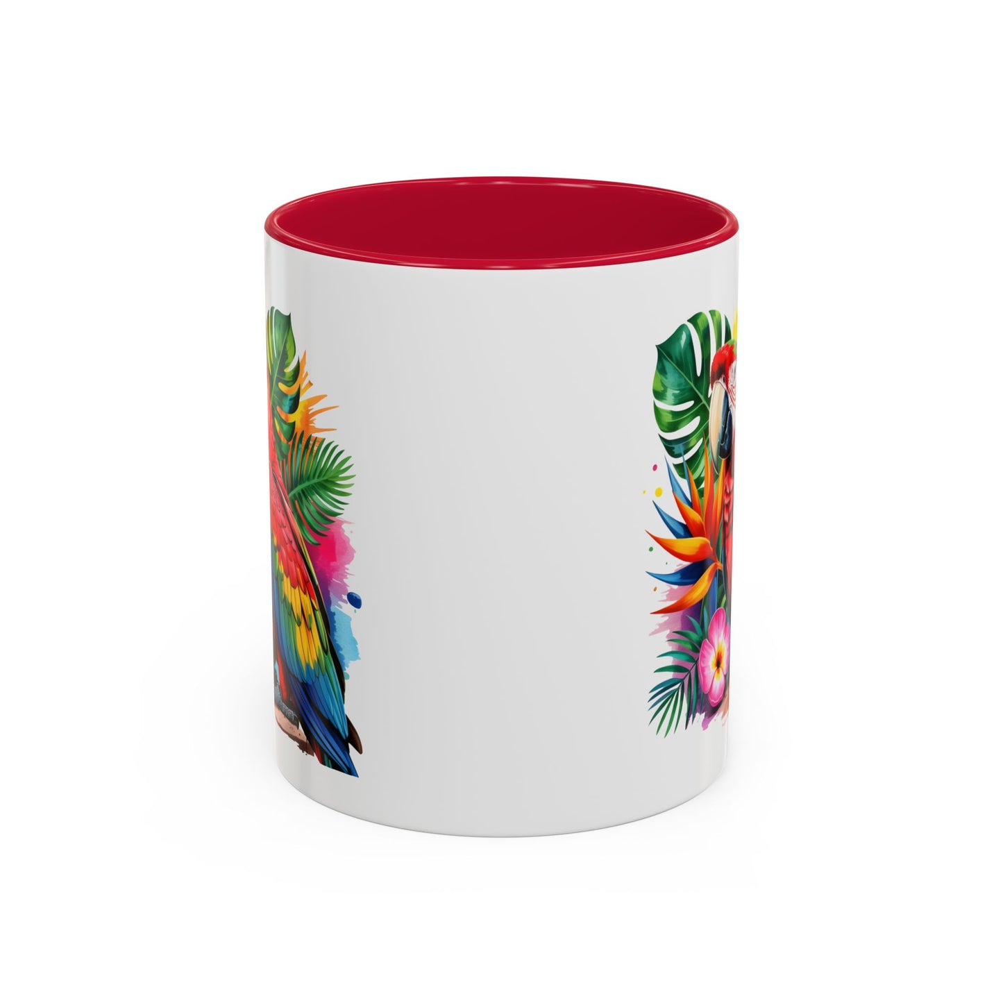 Mug Perroquet Ara Rouge – Tasse Tropicale avec Feuilles Exotiques et Fleurs – Cadeau Nature 325ml