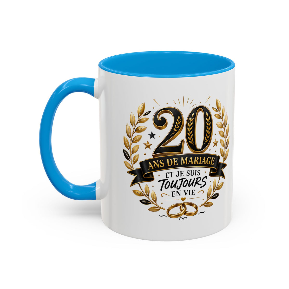 Mug 20 Ans de Mariage et Je Suis Toujours en Vie – Tasse Humoristique Anniversaire de Mariage – Idée Cadeau Couple Noces de Porcelaine noir bleu rouge