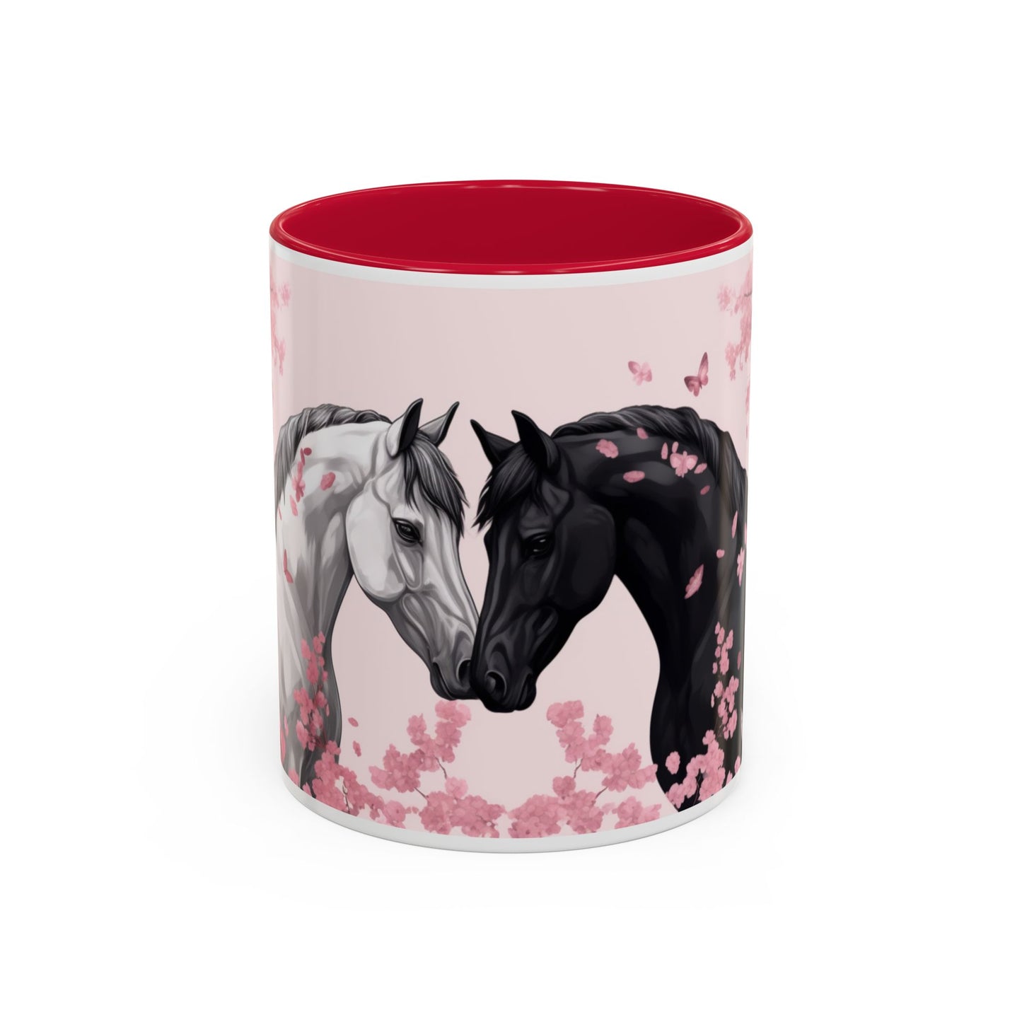 Mug Chevaux Sakura – Tasse Cheval Noir et Blanc avec Fleurs de Cerisier Roses – Cadeau Passion Cheval 325ml