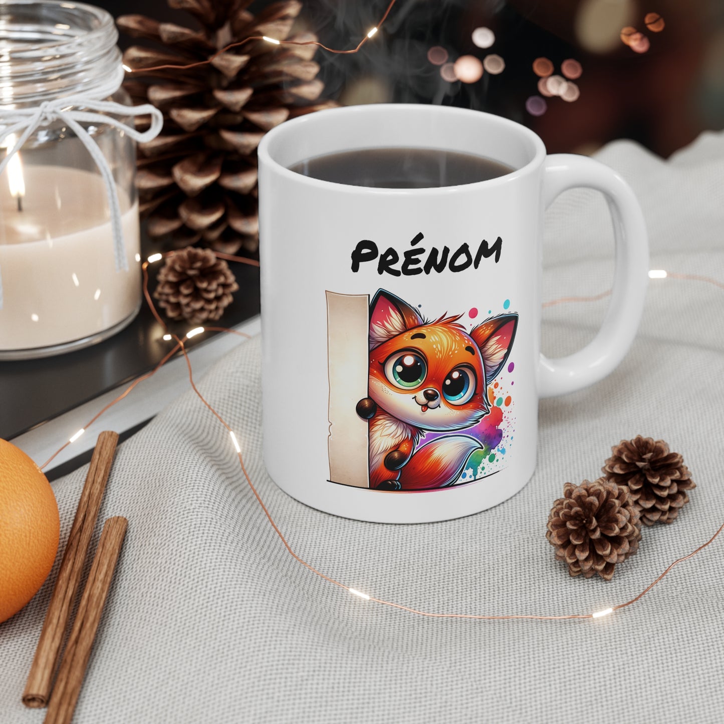 Tasse Personnalisable Renard Mignon – Mug Prénom Illustration Colorée – Cadeau Animal Forêt Rigolo 325ml