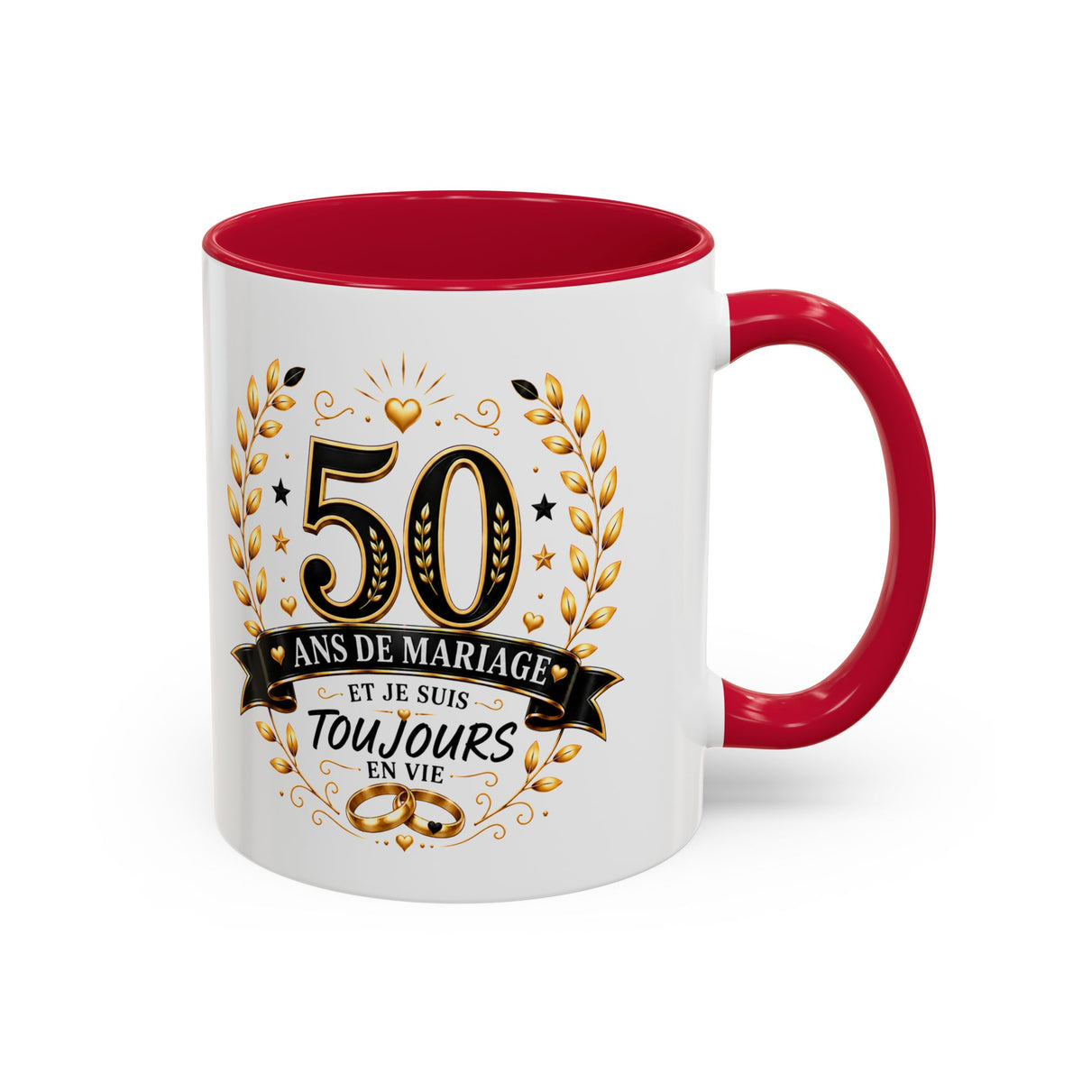 Mug 50 Ans de Mariage et Je Suis Toujours en Vie – Tasse Humoristique Anniversaire de Mariage – Idée Cadeau Couple Noces d’Or noir bleu rouge