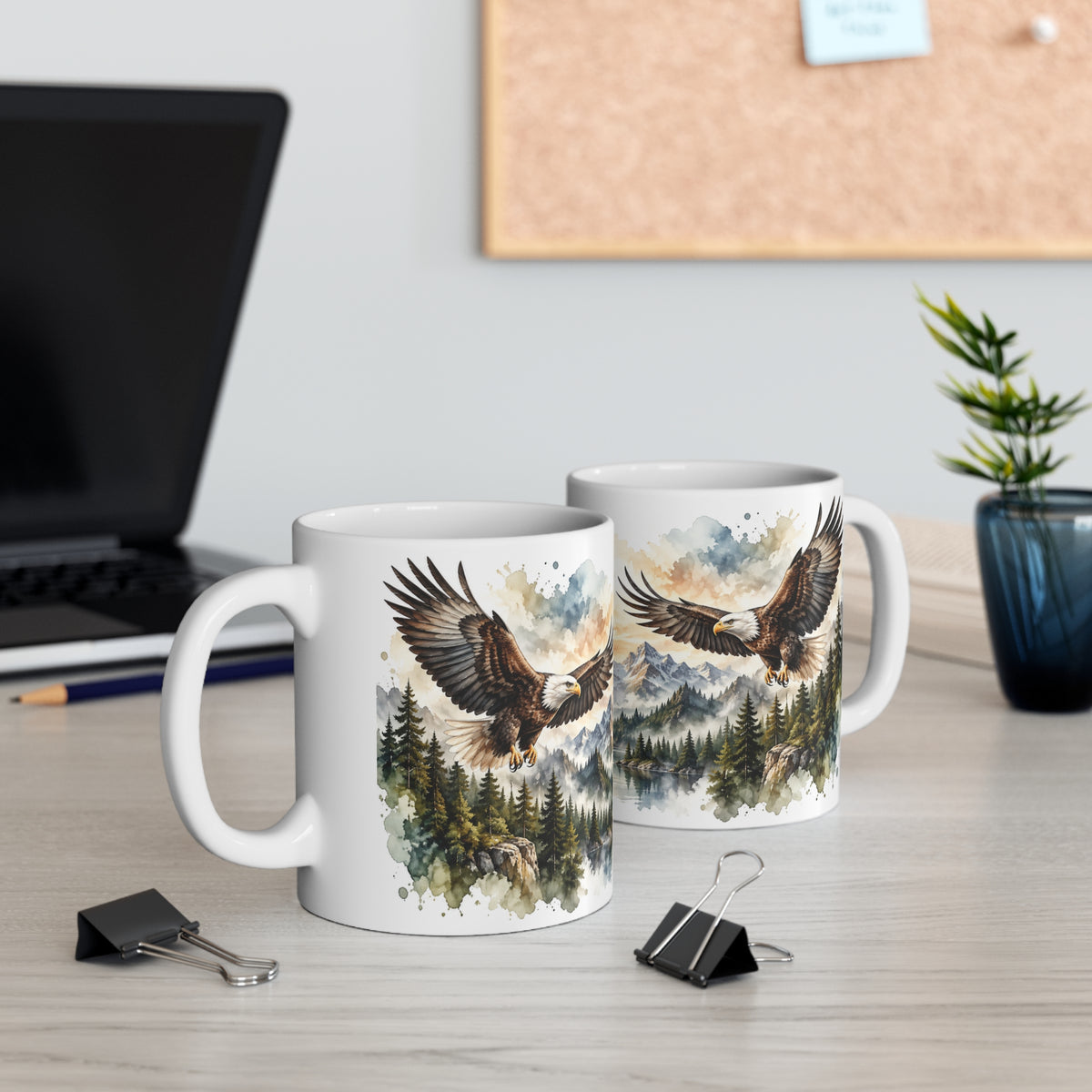Mug Aigles en Vol au-dessus des Montagnes – Tasse Nature Sauvage Style Aquarelle – Cadeau Original Amoureux des Rapaces et Paysages
