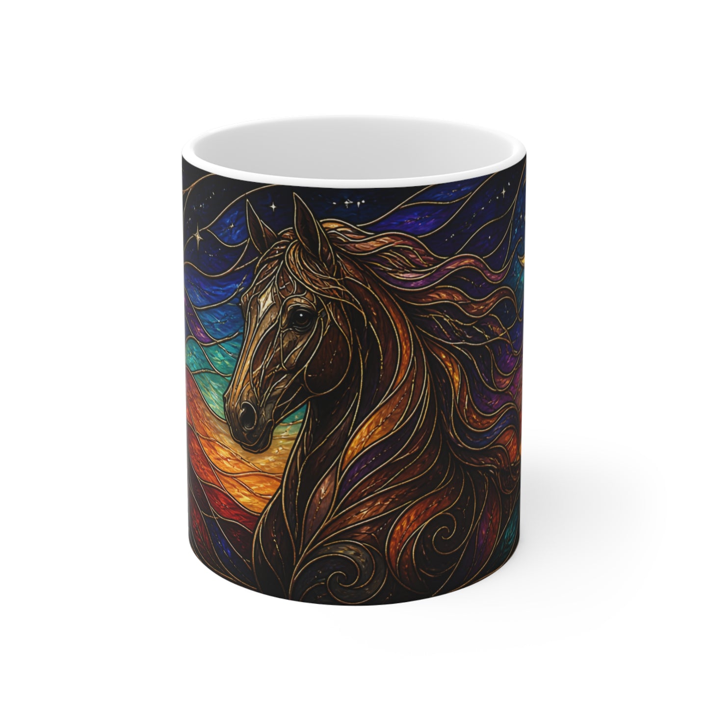 Mug Tasse Cheval Mystique Vitrail – Mug Cheval Fantasy Lune Étoiles Art Coloré Équestre Cadeau Homme Femme Enfant 325ml