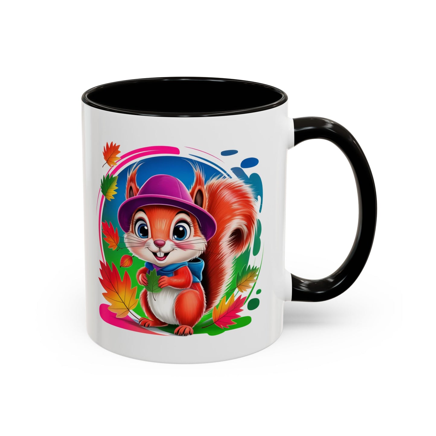 Mug Écureuil Mignon – Tasse Animal Automne Feuilles Colorées Kawaii – Cadeau Original Enfant Adulte – Céramique 325ml Noir Bleu Rouge