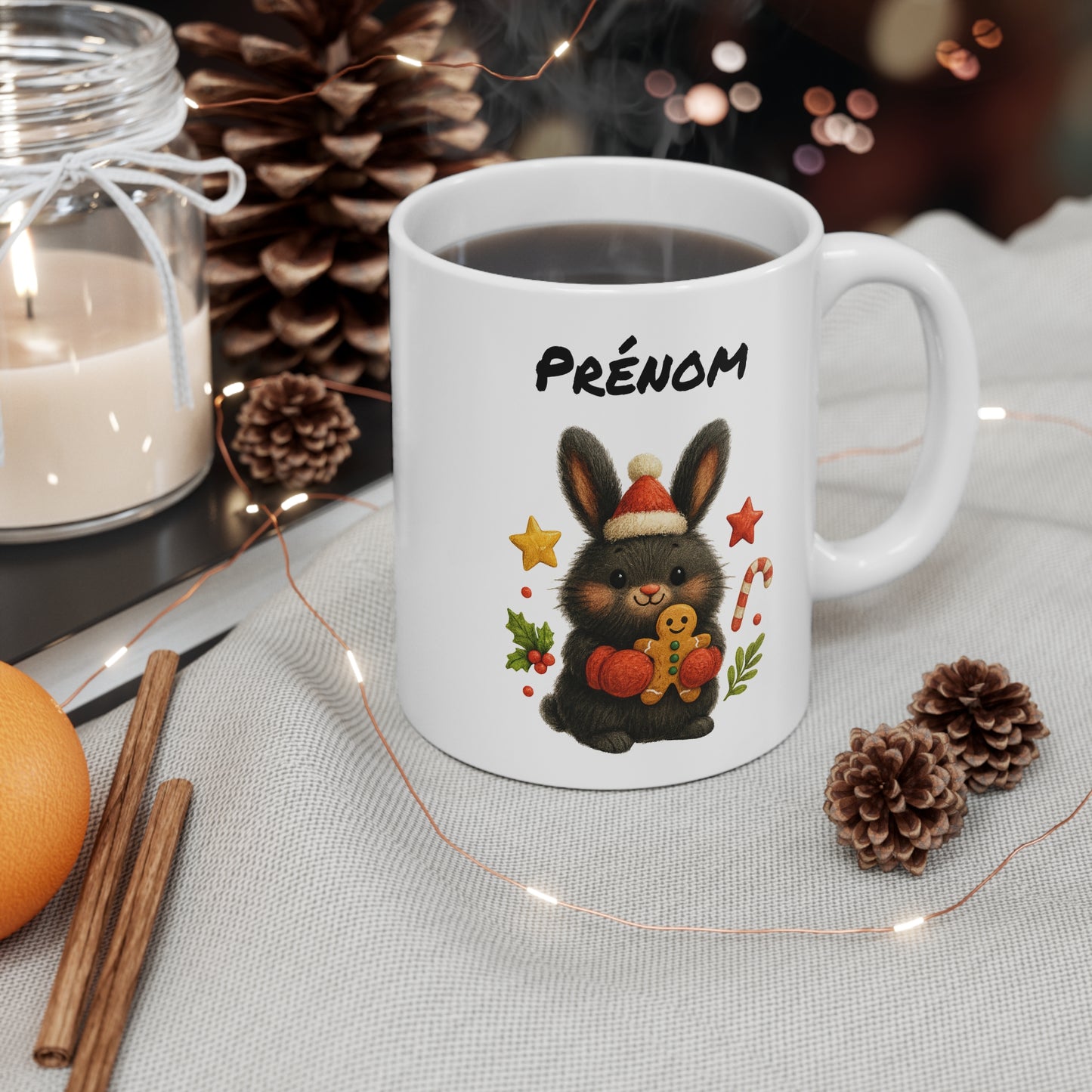 Tasse Personnalisable Lapin Noël Mignon – Mug Prénom Festif – Cadeau Gourmand et Hiver 325 ml