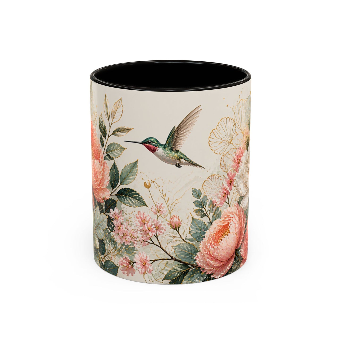 Tasse Florale Colibri et Pivoines – Mug Aquarelle Chic avec Fleurs Roses et Blanches – Design Nature 325ml