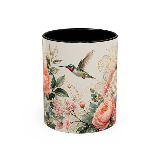 Tasse Florale Colibri et Pivoines – Mug Aquarelle Chic avec Fleurs Roses et Blanches – Design Nature 325ml