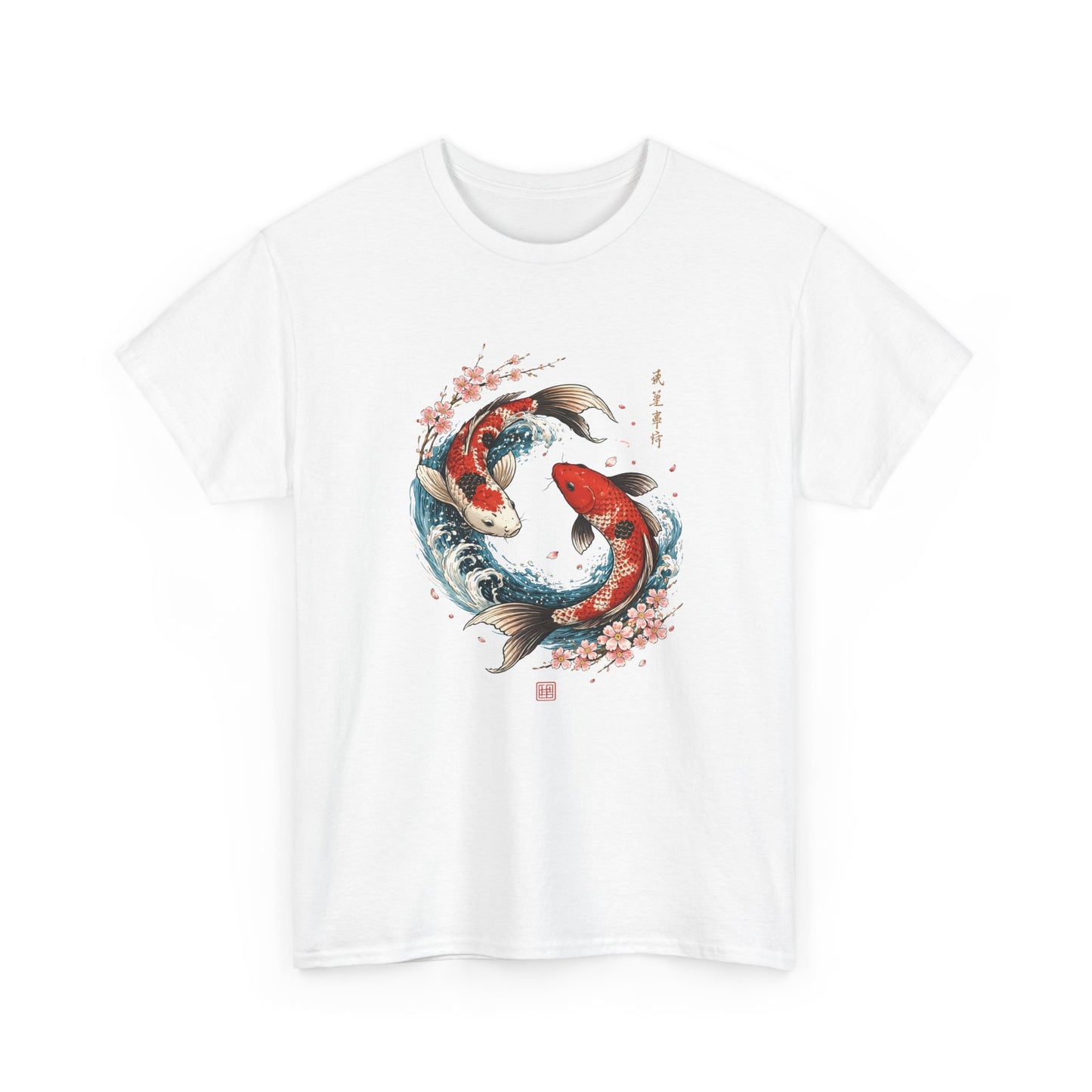 T-Shirt Carpe Koi Japonaise Yin Yang – Design Sakura et Vagues – Tee-Shirt Art Japonais Traditionnel