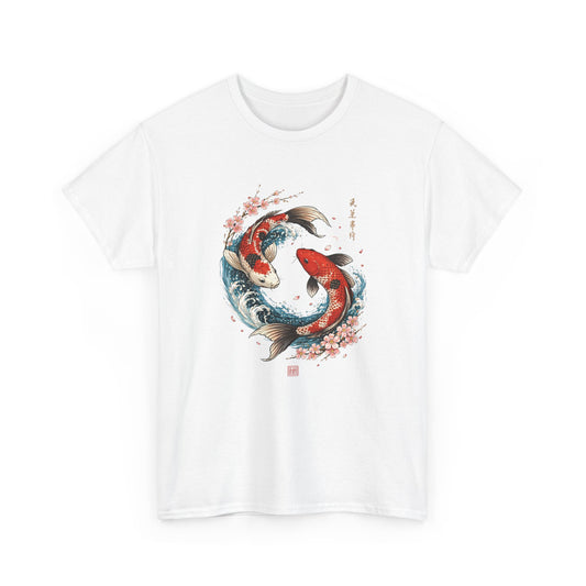 T-Shirt Carpe Koi Japonaise Yin Yang – Design Sakura et Vagues – Tee-Shirt Art Japonais Traditionnel