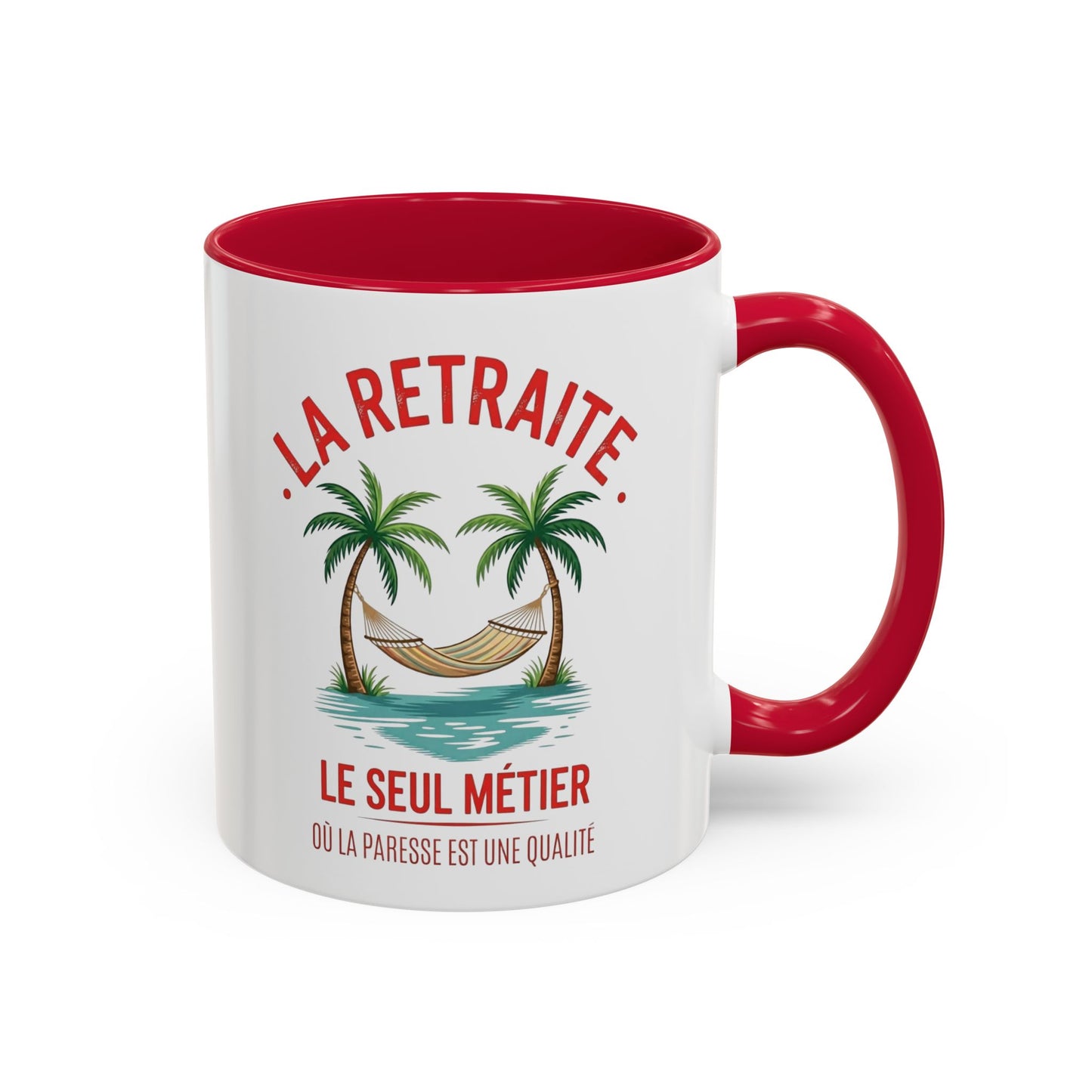 Mug Retraite Humour – Tasse Retraité avec Hamac et Palmiers – Idée Cadeau Départ en Retraite Homme et Femme Noir Bleu Rouge