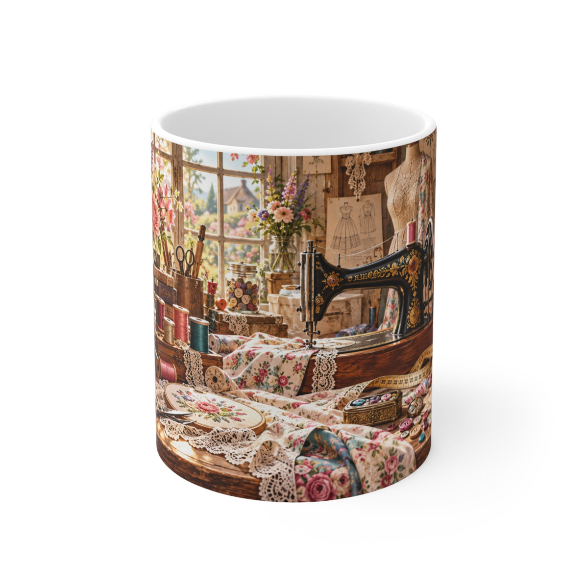 Mug Atelier de Couture Vintage – Tasse Machine à Coudre, Fleurs, Dentelle et Accessoires – Cadeau Original Couturière