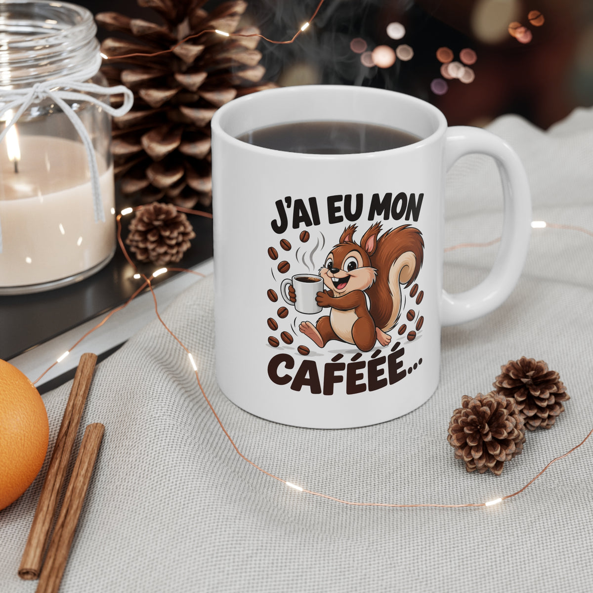 Mug Humour Café – J’ai Eu Mon Cafeee – Tasse Écureuil Caféiné – Cadeau Original Amateur de Café Homme Femme