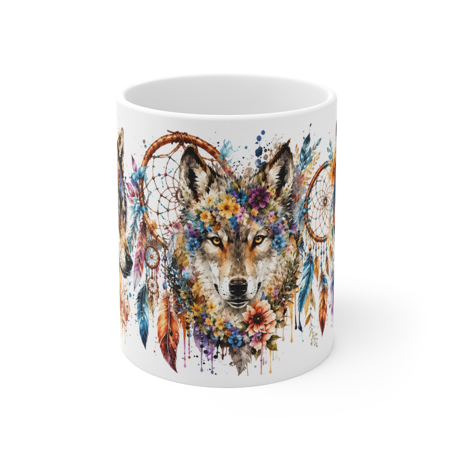 Tasse Loups Bohème – Mug Attrape-Rêves Floral et Loup Aquarelle – Cadeau Nature Spirituelle Homme Femme 325ml