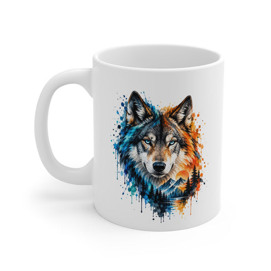 Mug Loup Coloré – Tasse Loup Montagne et Forêt Style Aquarelle – Cadeau Original Amoureux des Loups et de la Nature