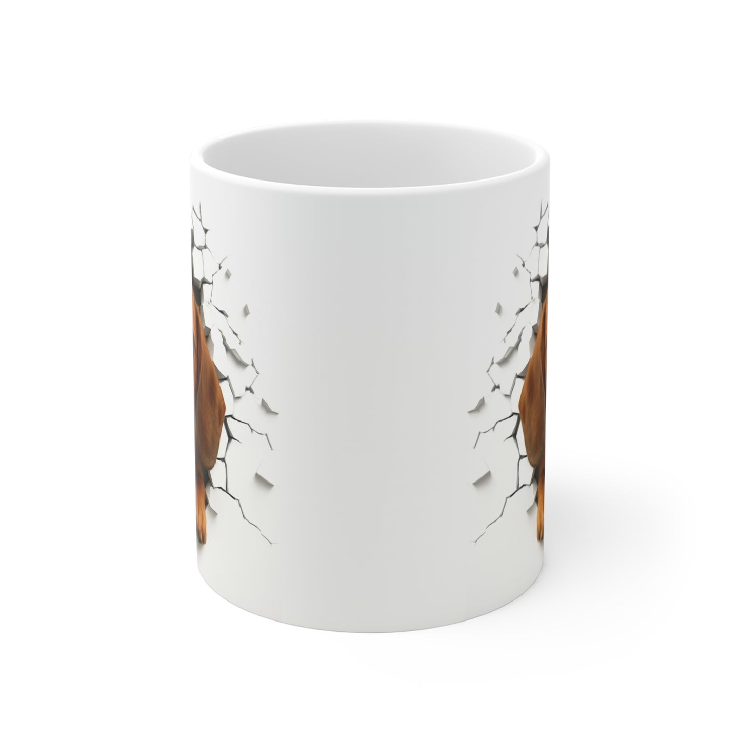 Mug Teckel Roux Effet Mur Cassé – Tasse Chien 3D Trompe-l’œil – Cadeau Original Amoureux du Teckel