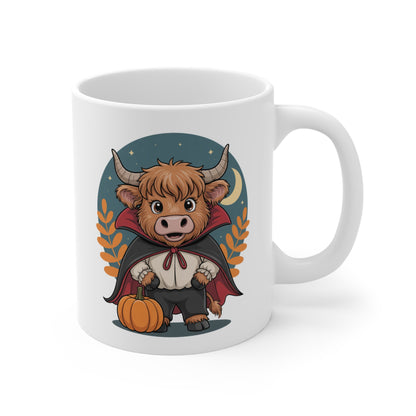Tasse Halloween – Mug Vache Highland Déguisée en Vampire avec Cape et Citrouille – Cadeau Original