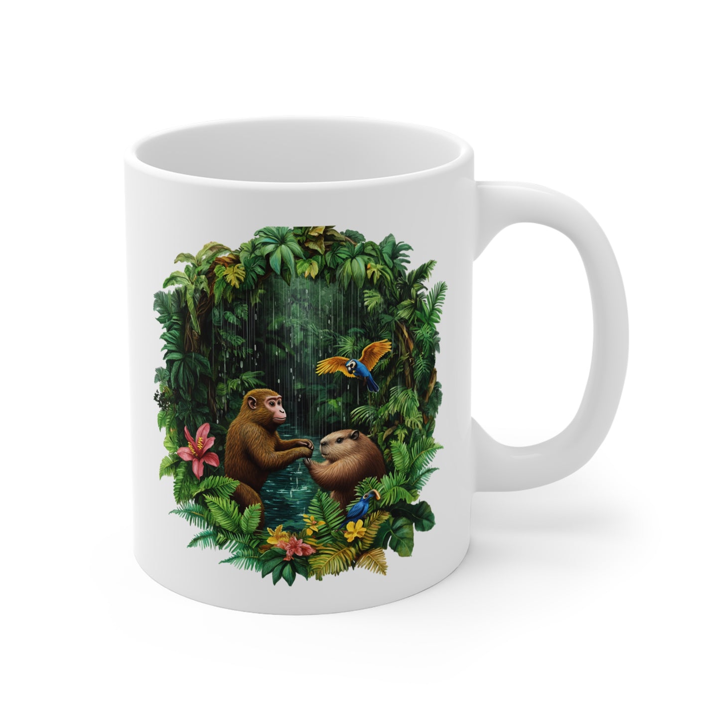 Tasse Jungle Tropicale – Mug Céramique 325 ml – Singe, Capybara et Perroquets Colorés