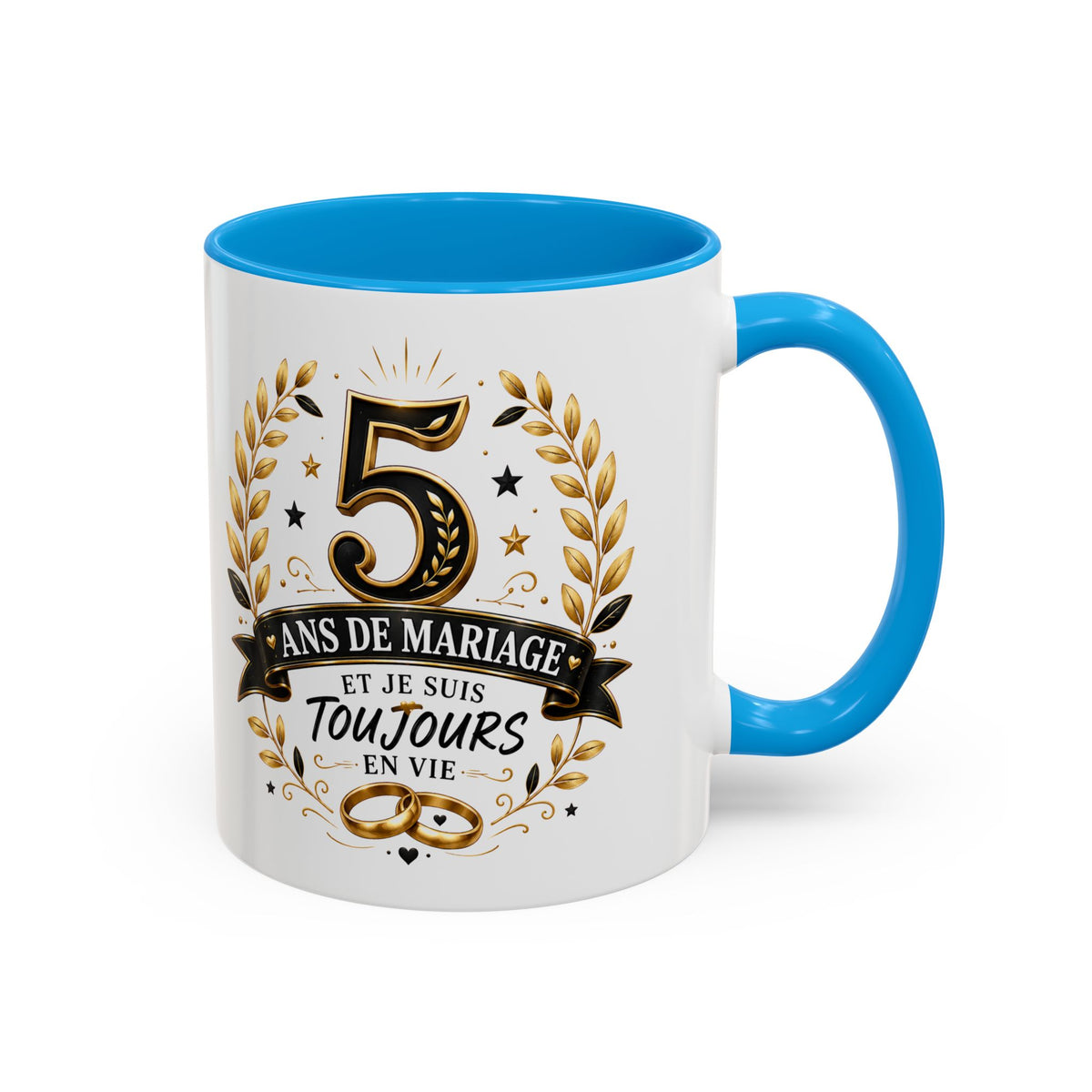 Mug 5 Ans de Mariage et Je Suis Toujours en Vie – Tasse Humoristique Anniversaire de Mariage – Idée Cadeau Couple Noces de Bois noir bleu rouge