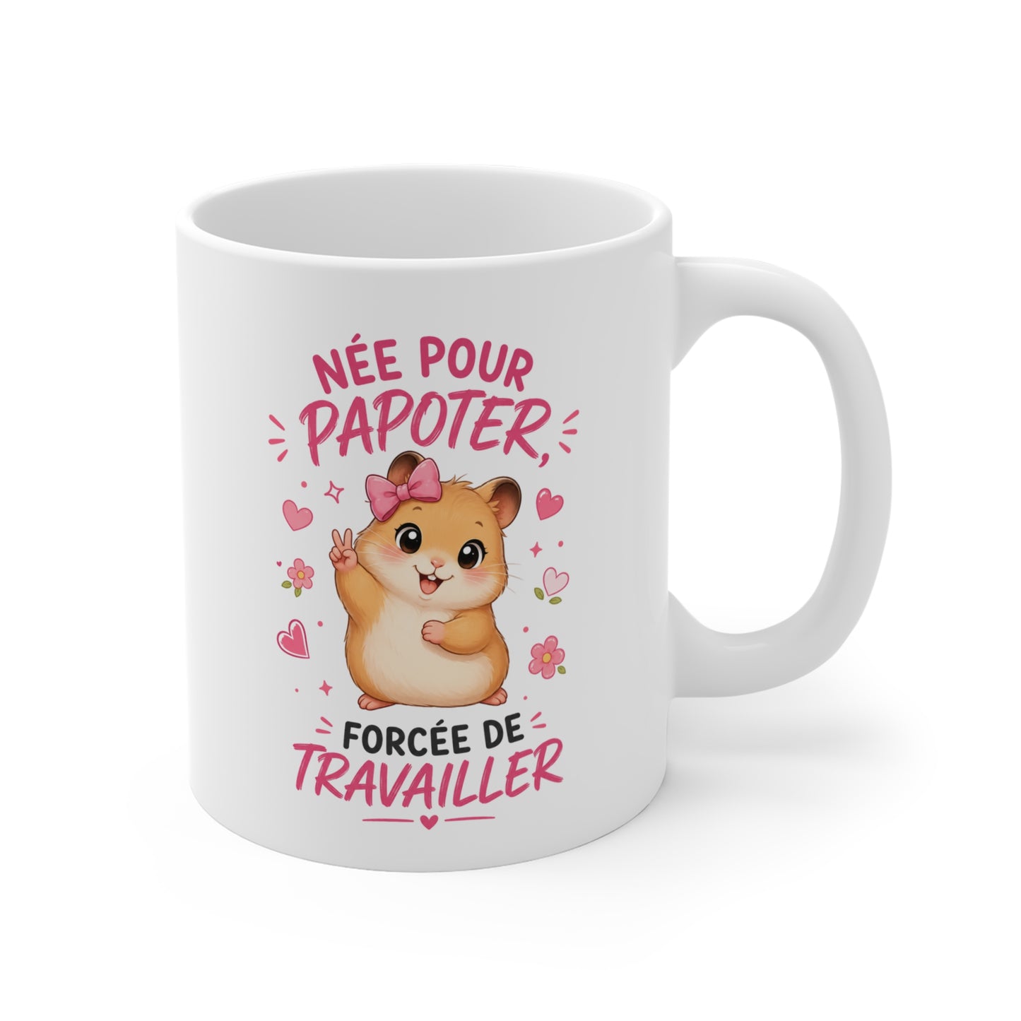 Tasse Humour Femme Née Pour Papoter Forcée De Travailler – Mug Hamster Kawaii Rose – Cadeau Collègue Femme 325ml