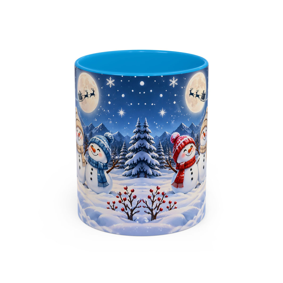 Mug Bonhommes de Neige de Noël – Tasse Hiver avec Sapins Enneigés, Lune et Traîneau du Père Noël – Cadeau Original Homme Femme