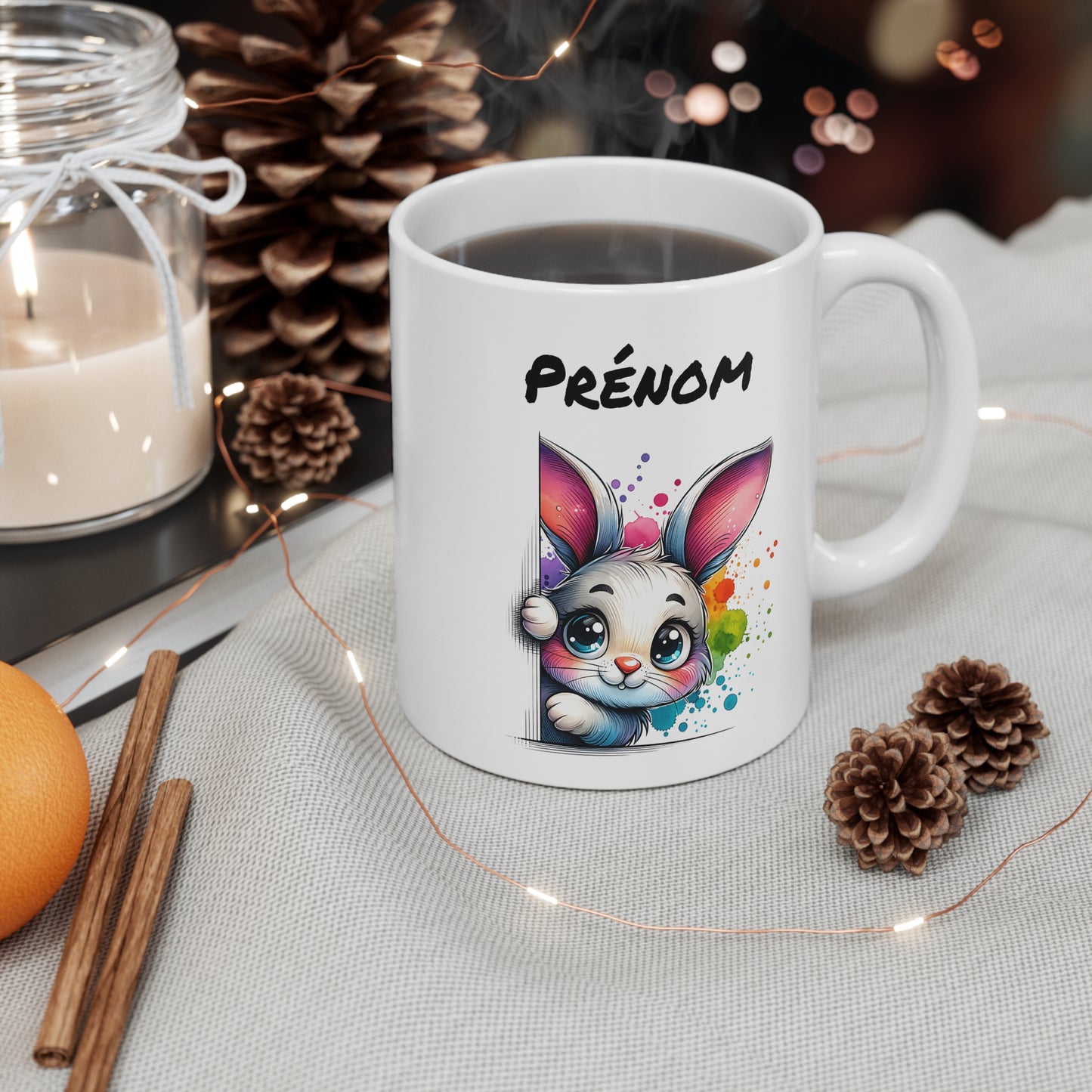 Tasse Personnalisable Lapin Mignon – Mug Prénom Illustration Colorée – Cadeau Animal Printemps Pâques 325ml