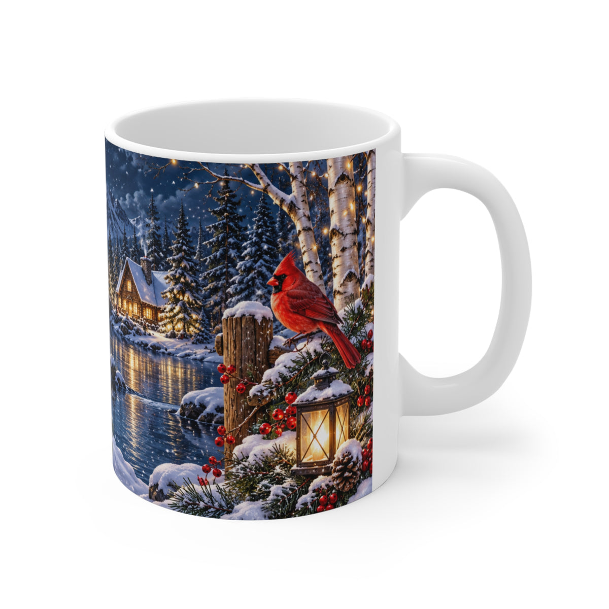 Mug Oiseaux Rouges dans un Paysage de Noël – Tasse Hiver avec Chalet, Neige, Lune et Lanternes – Cadeau Original Nature