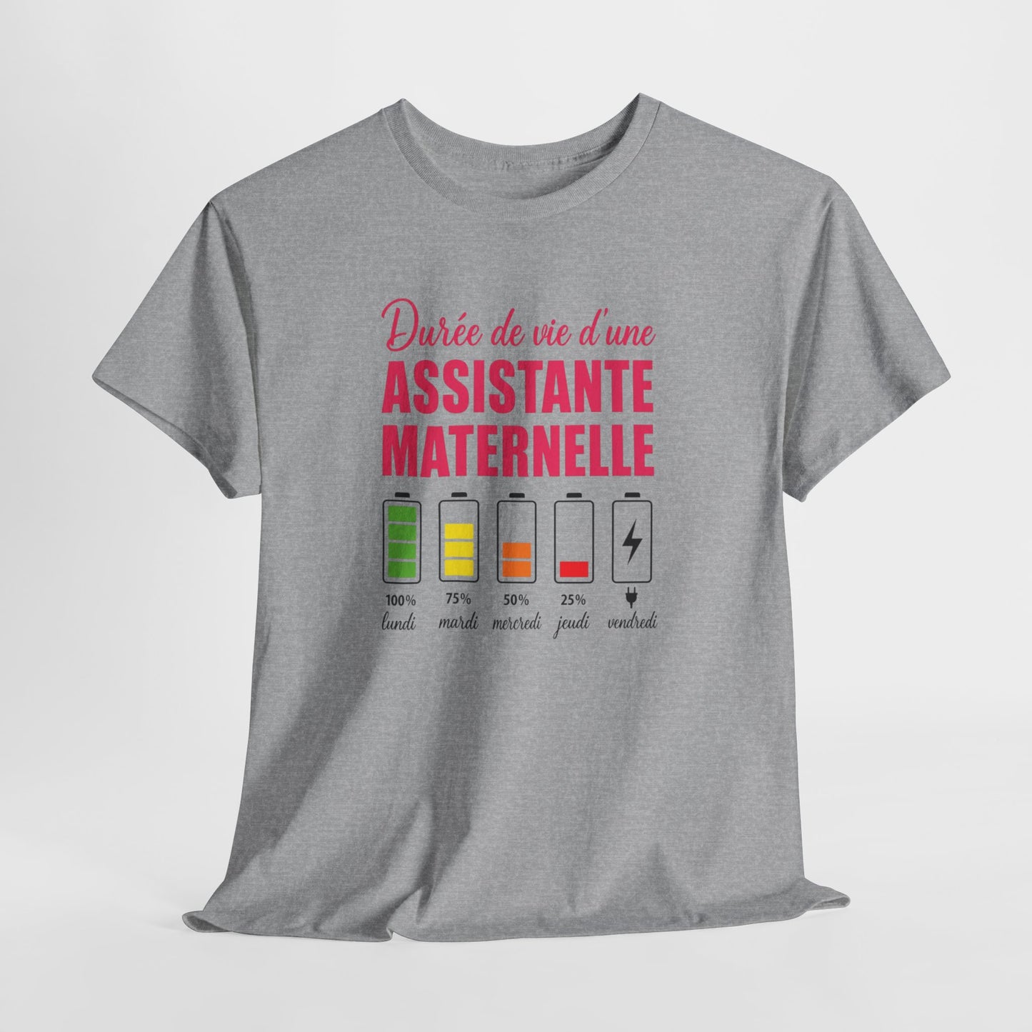 T-Shirt Assistante Maternelle Humour – Durée de Vie d’une Assistante Maternelle – Tee Shirt Femme Drôle