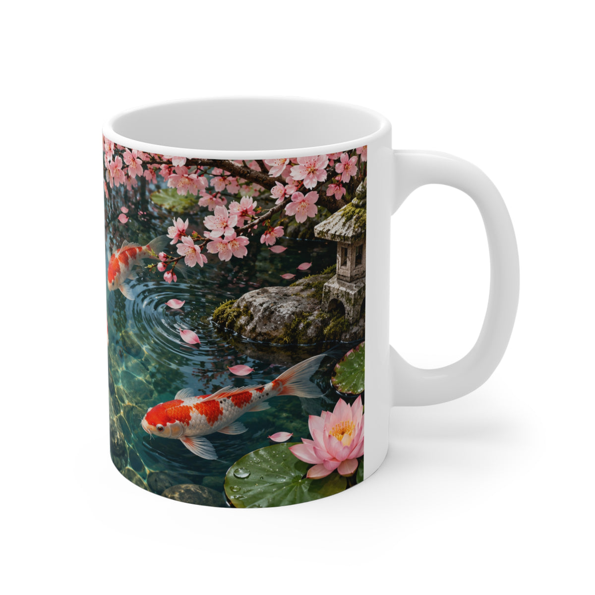 Mug Carpes Koï dans un Jardin Japonais – Tasse Bassin Zen avec Fleurs de Cerisier et Lotus – Cadeau Original Amoureux du Japon