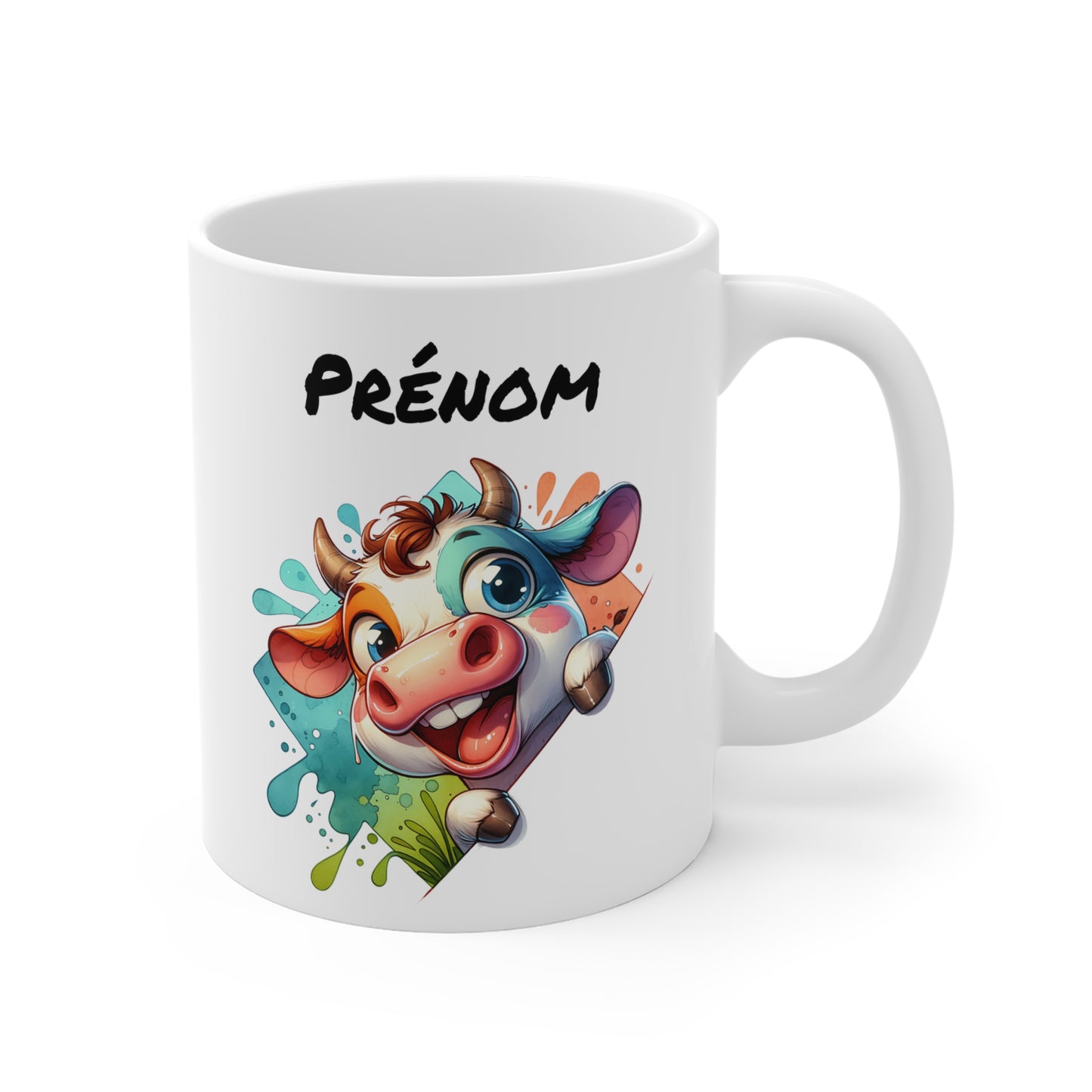 Tasse Personnalisable Vache Mignonne – Mug Prénom Illustration Colorée – Cadeau Animal Rigolo Bohème 325ml