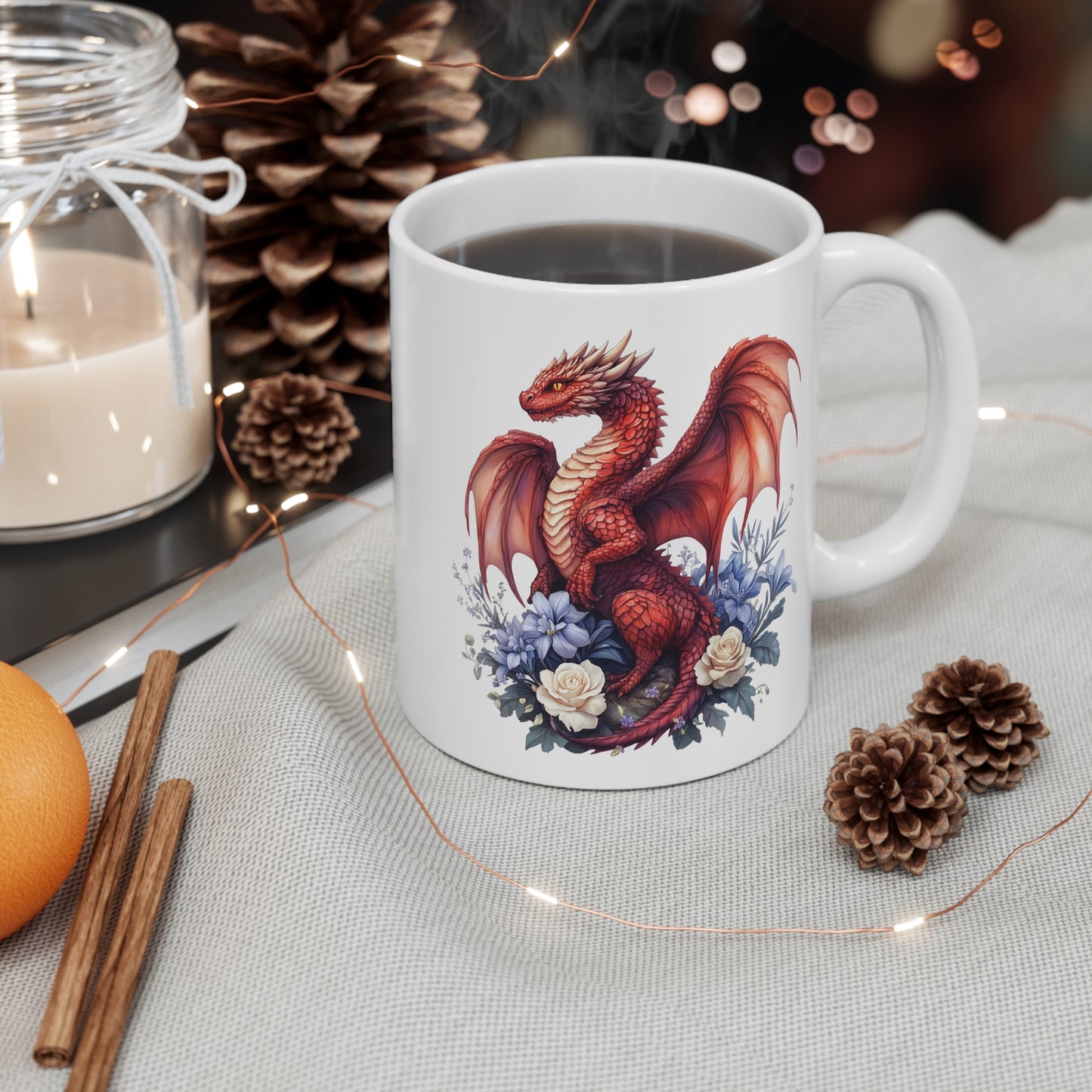 Mug Dragon Rouge et Fleurs Bleues – Tasse Fantasy Élégante et Magique – Cadeau Céramique 325ml