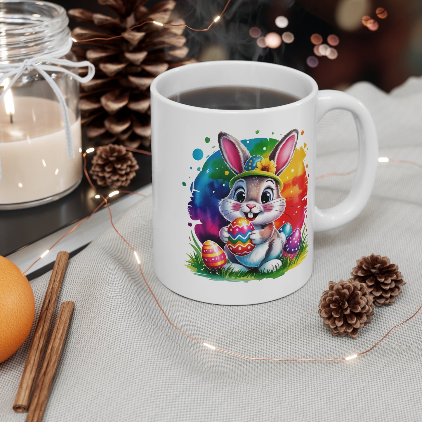 Tasse Lapin de Pâques Mignon – Mug Kawaii avec Œufs Colorés et Design Arc-en-Ciel – Cadeau Original Printemps et Pâques – Céramique 325ml