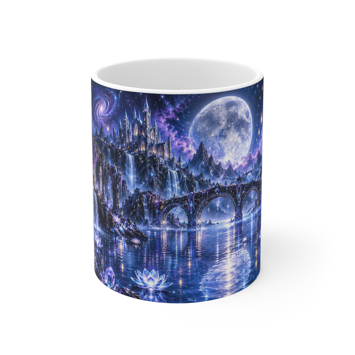 Mug Château Féérique sous la Lune – Tasse Paysage Fantastique avec Cascades, Pont, Cristaux et Fleurs – Cadeau Original Univers Magique