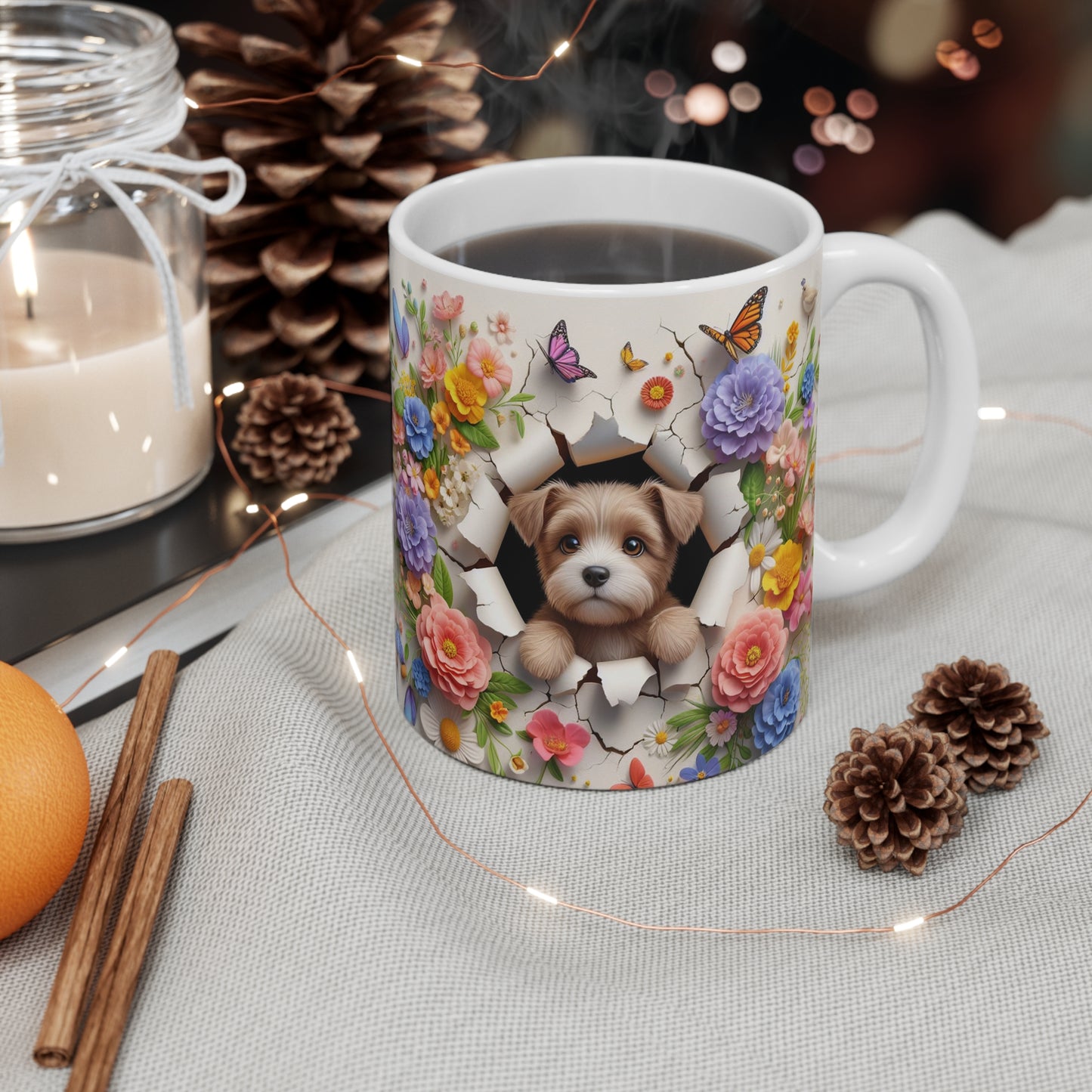 Tasse Céramique Chiot Terrier et Fleurs – Mug Chien Mignon Papillons – Cadeau Animaux Bohème 325ml