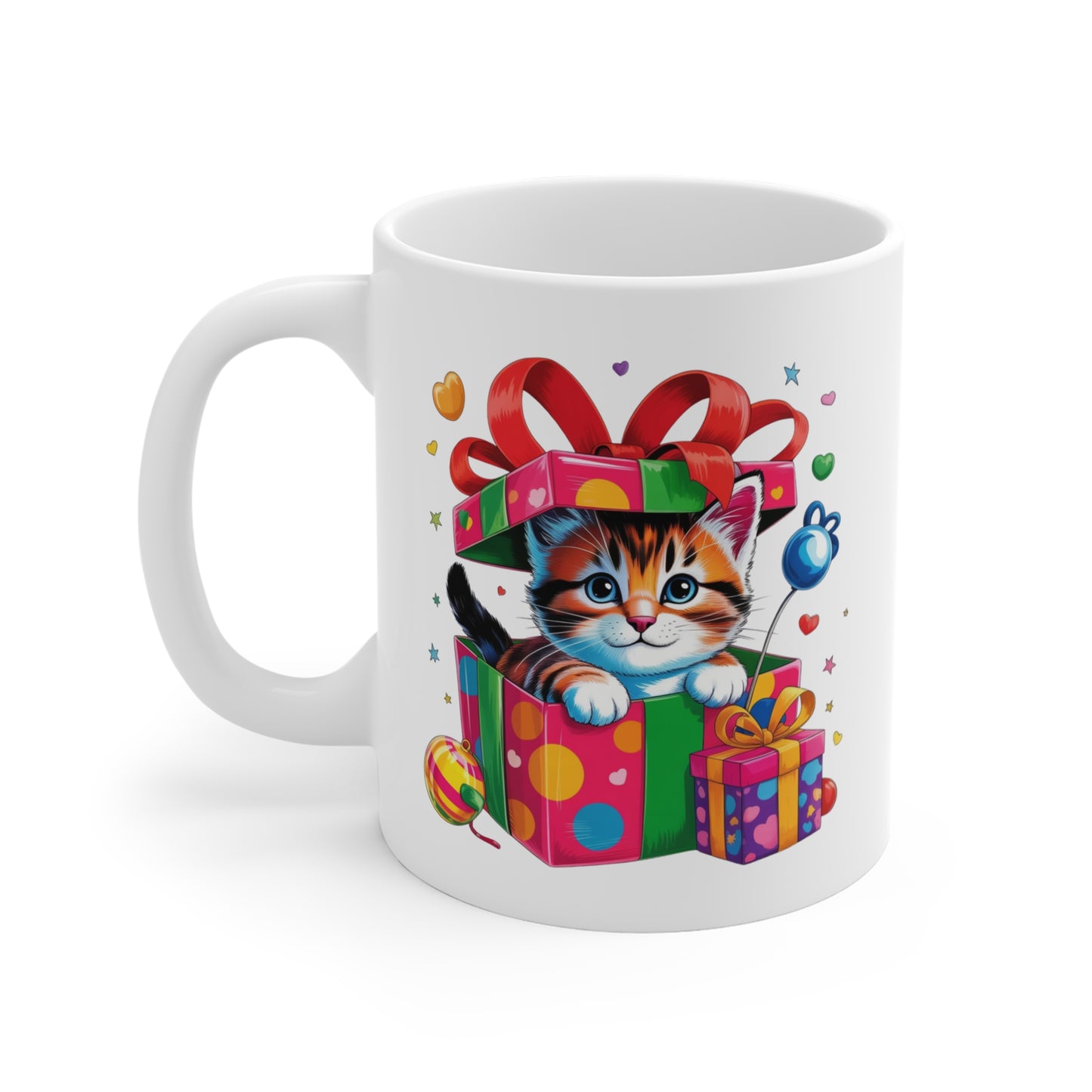 Mug Chaton Kawaii Cadeau – Tasse Chat Mignon dans Boîte Surprise Colorée – Design Cute Kitten avec Cadeaux et Rubans – Cadeau Original pour Amoureux des Chats – Mug Céramique 325ml