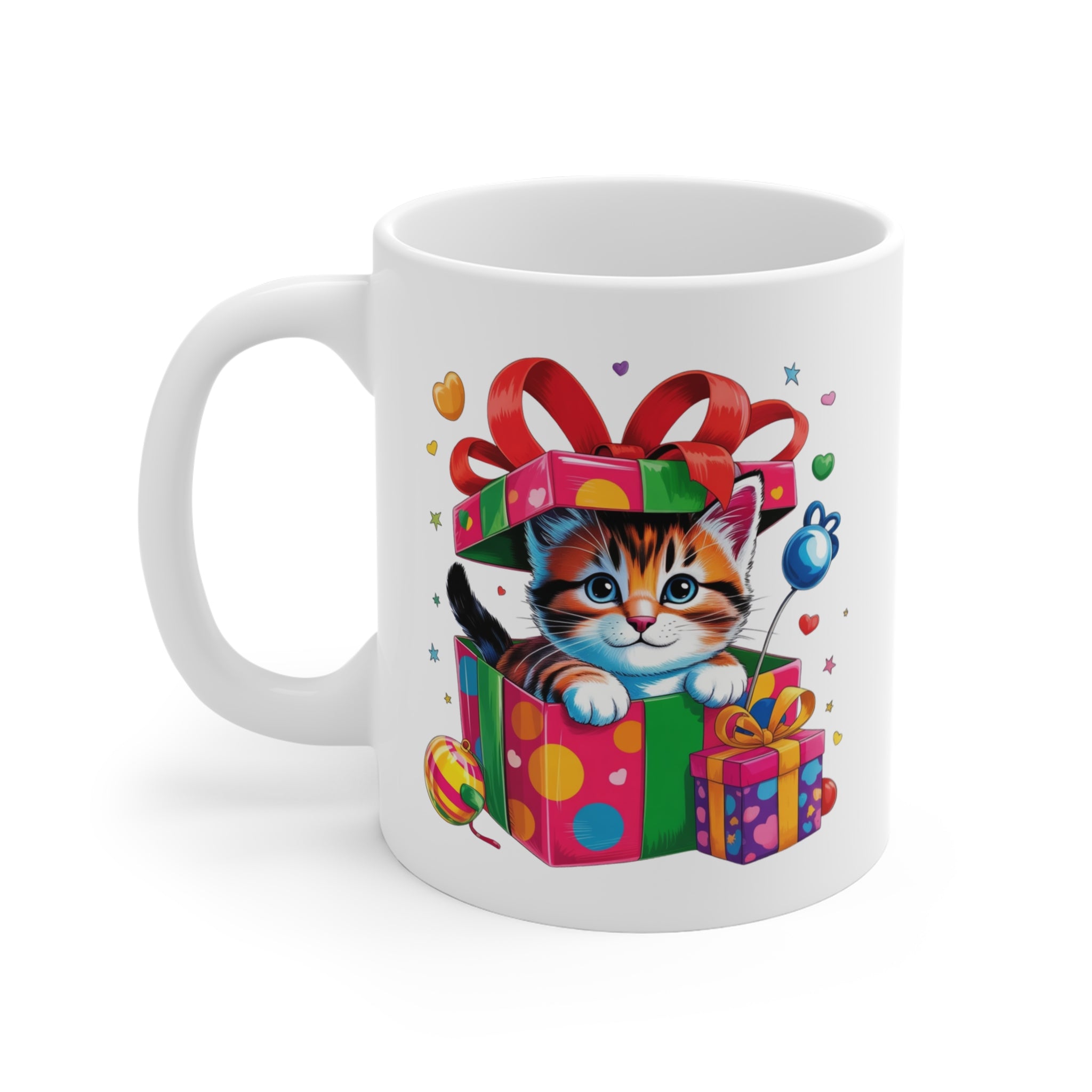 Mug Chaton Kawaii Cadeau – Tasse Chat Mignon dans Boîte Surprise Colorée – Design Cute Kitten avec Cadeaux et Rubans – Cadeau Original pour Amoureux des Chats – Mug Céramique 325ml