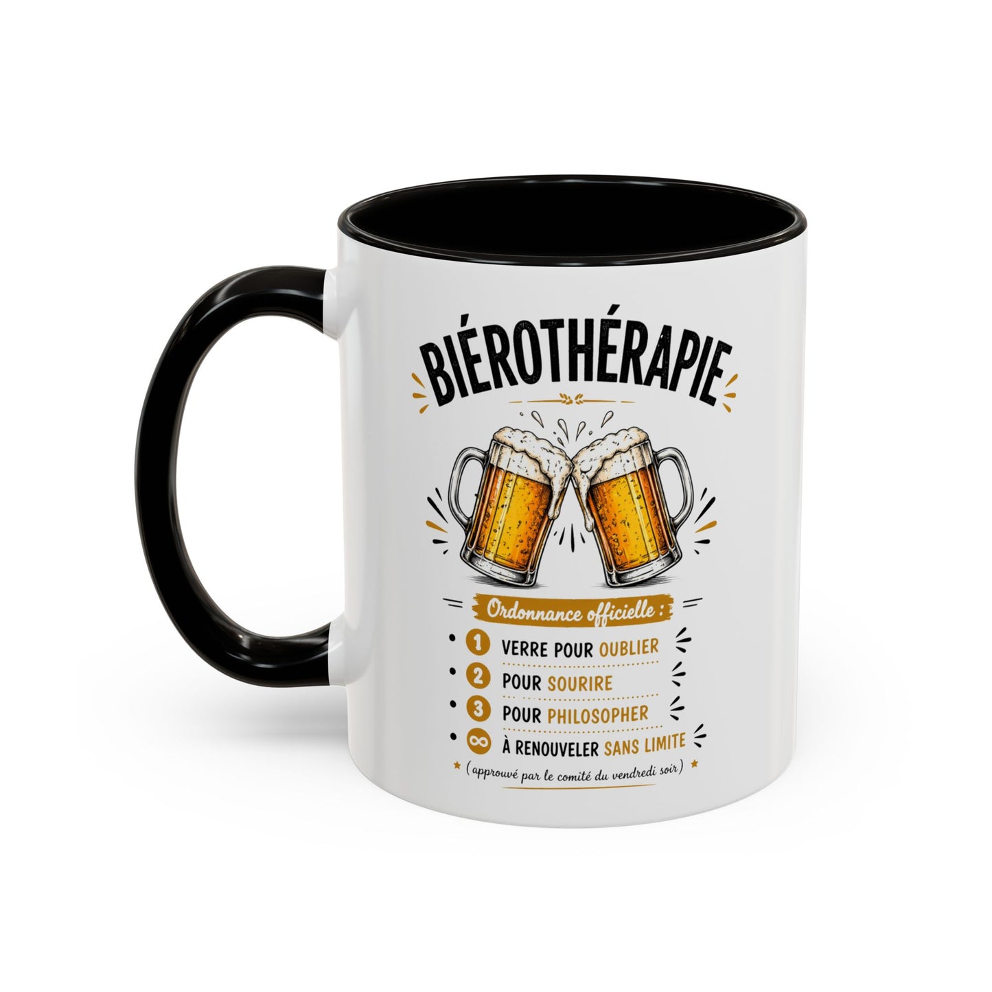 Mug Bièreothérapie Drôle – Tasse Humour Bière et Apéro – Cadeau Original Amateur de Bière – Céramique 325ml Noir Bleu Rouge