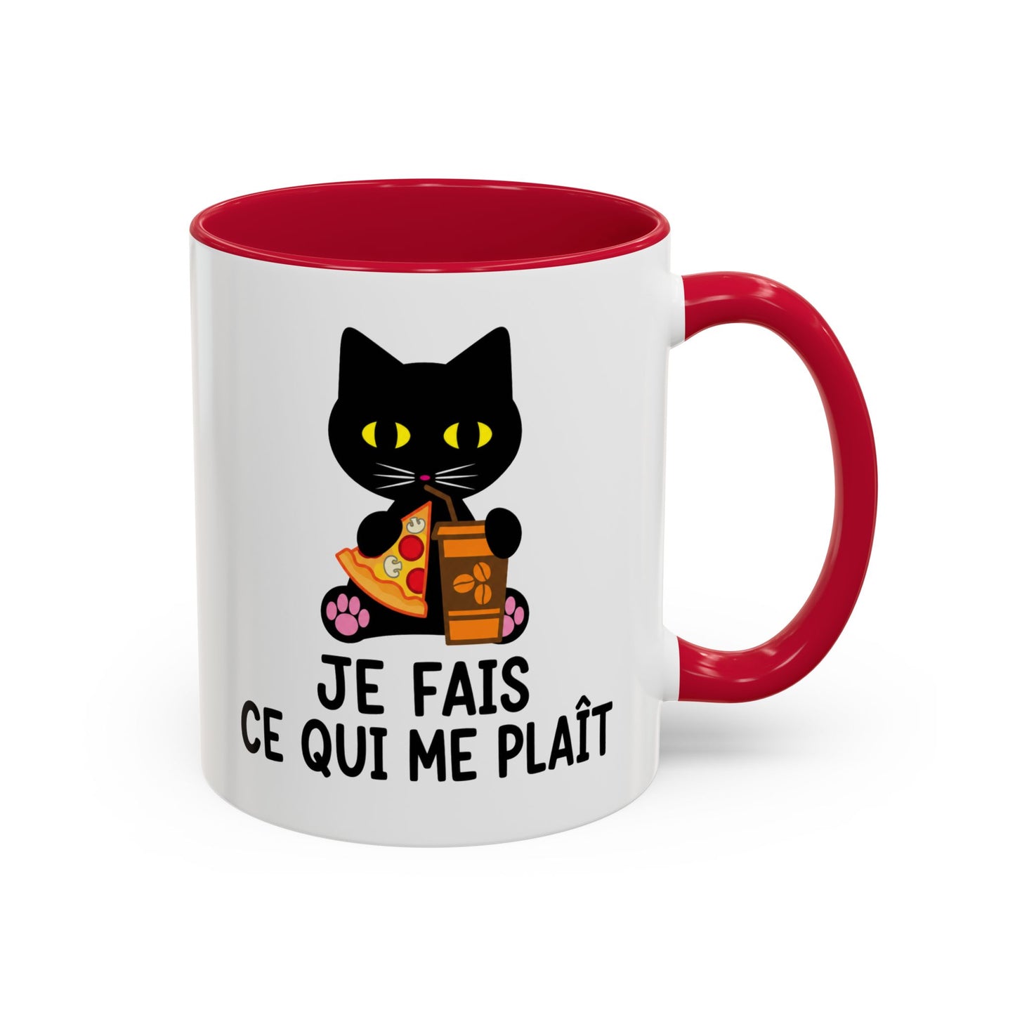 Tasse Chat Homme et Femme – Je Fais Ce Qui Me Plaît – Mug Humour Chat avec Pizza et Café – Cadeau Original Amoureux des Chats – 325 ml