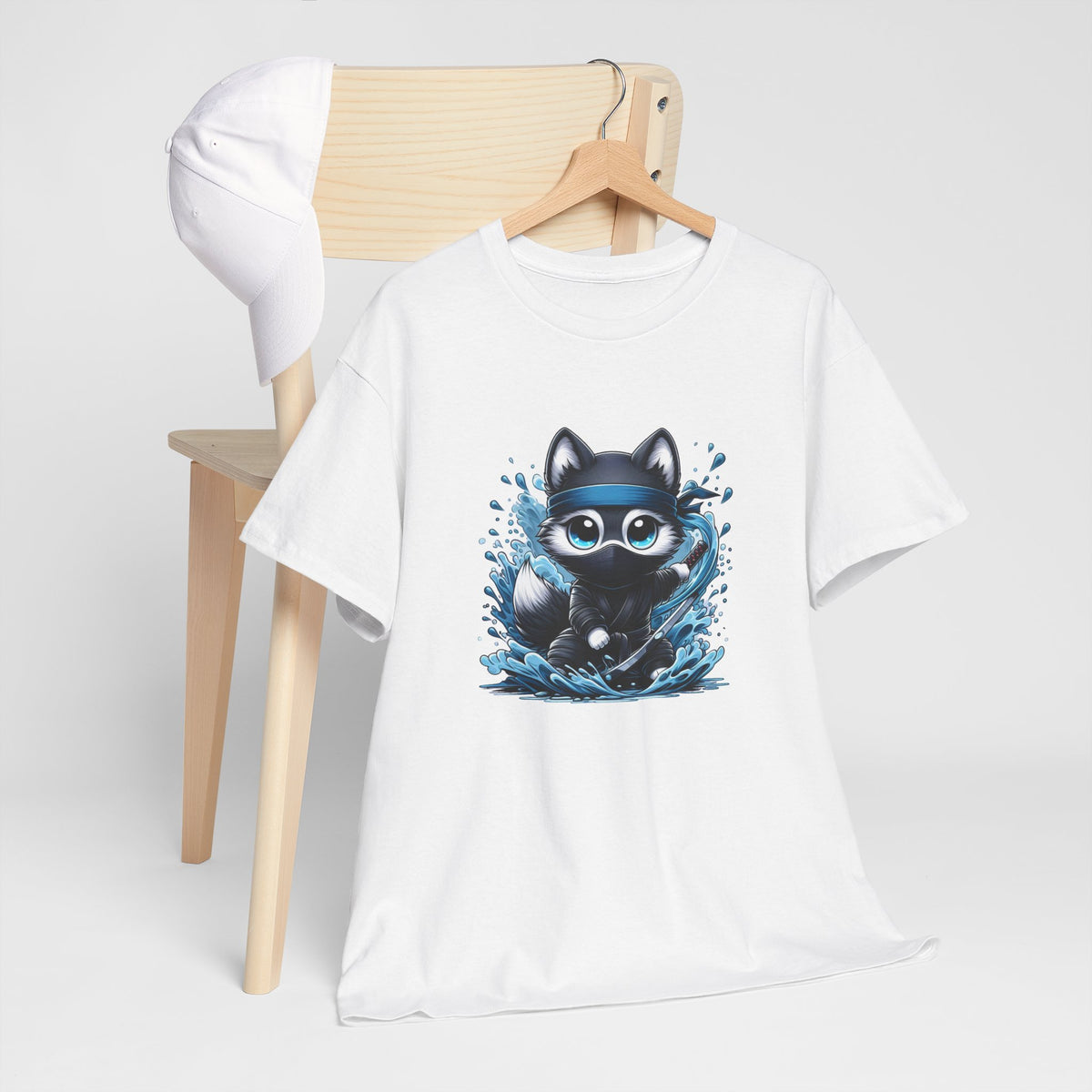 Tee Shirt Renard Ninja Homme Femme – T-Shirt Renard Samouraï Katana – Design Japonais Vagues Bleues