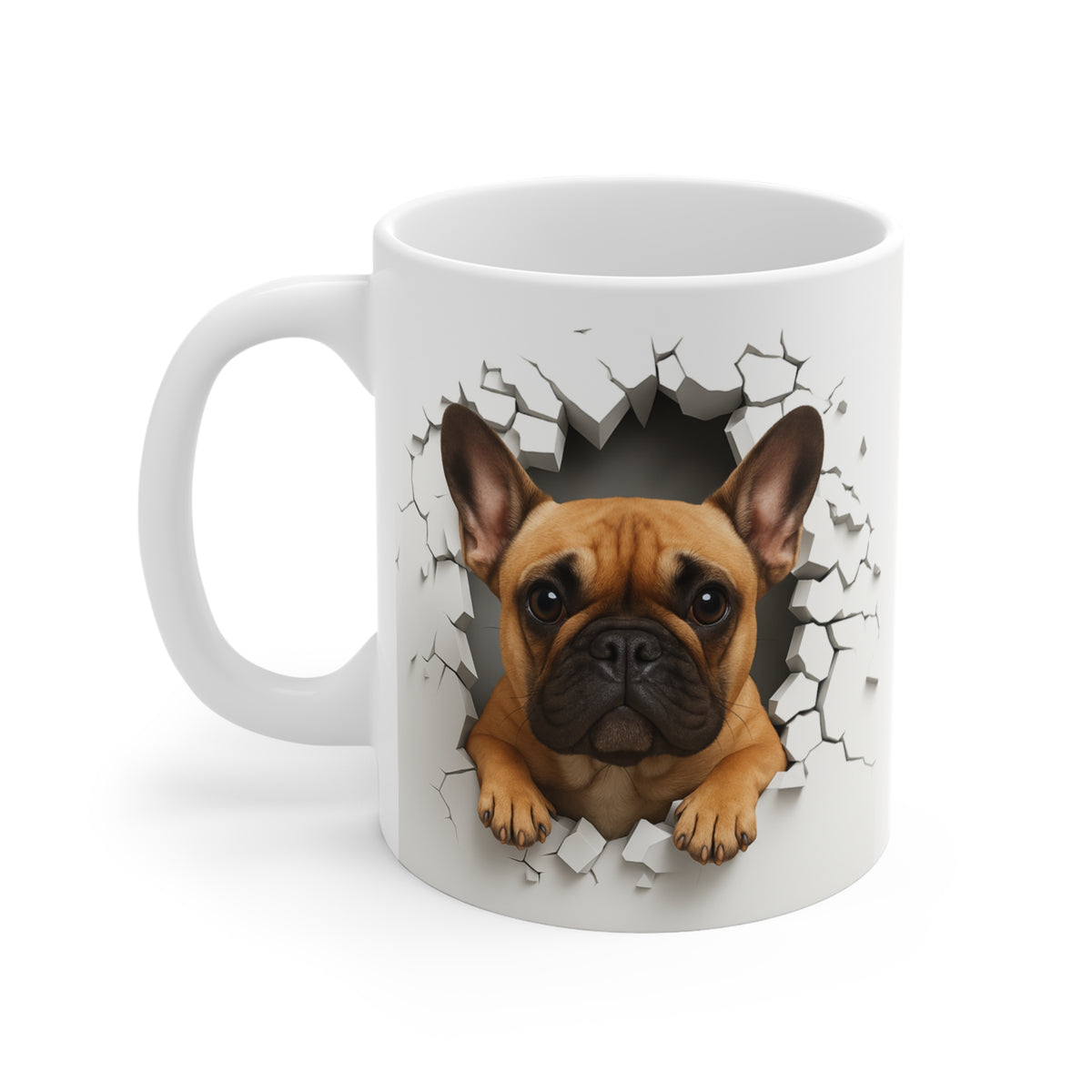 Mug Bouledogue Français Fauve Effet Mur Cassé – Tasse Chien 3D Trompe-l’œil – Cadeau Original Amoureux du Bouledogue Français