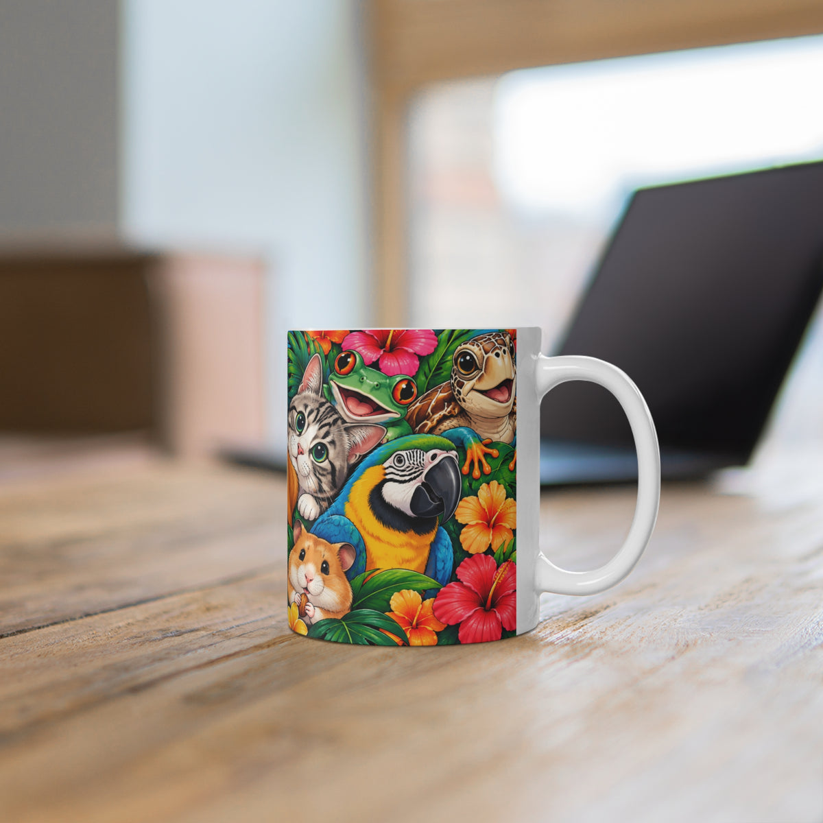Mug Animaux Mignons dans un Décor Tropical – Tasse Chien, Chats, Lapin, Perroquet, Tortue et Grenouille – Cadeau Original Amoureux des Animaux