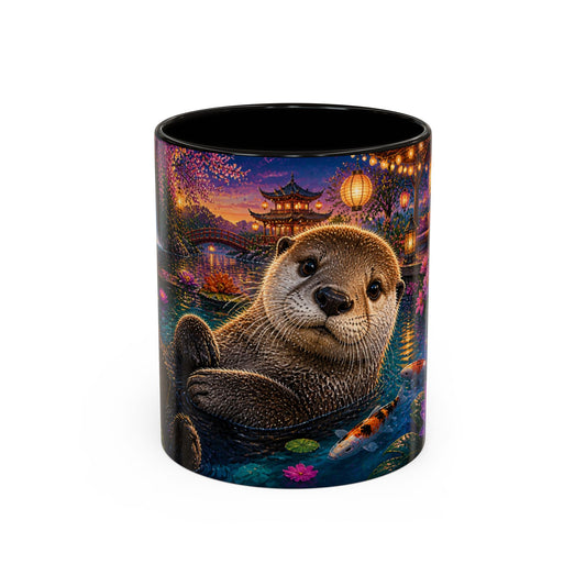Tasse Loutre et Carpes Koi – Mug Jardin Japonais et Fleurs Tropicales – Design Artistique Relaxant – Céramique 325ml