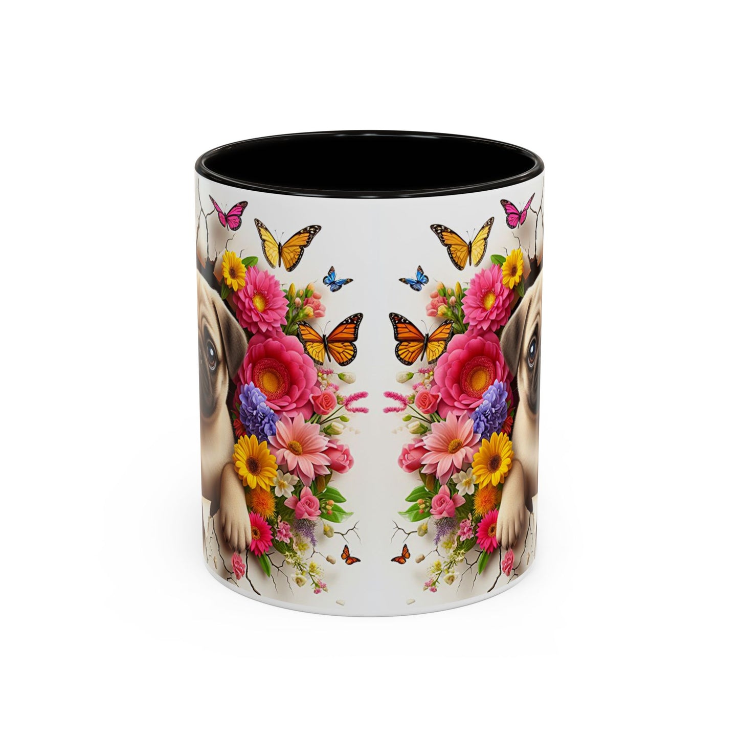 Mug Carlin Kawaii – Tasse Chiot Carlin avec Fleurs Colorées et Papillons – Cadeau Amoureux des Chiens 325ml