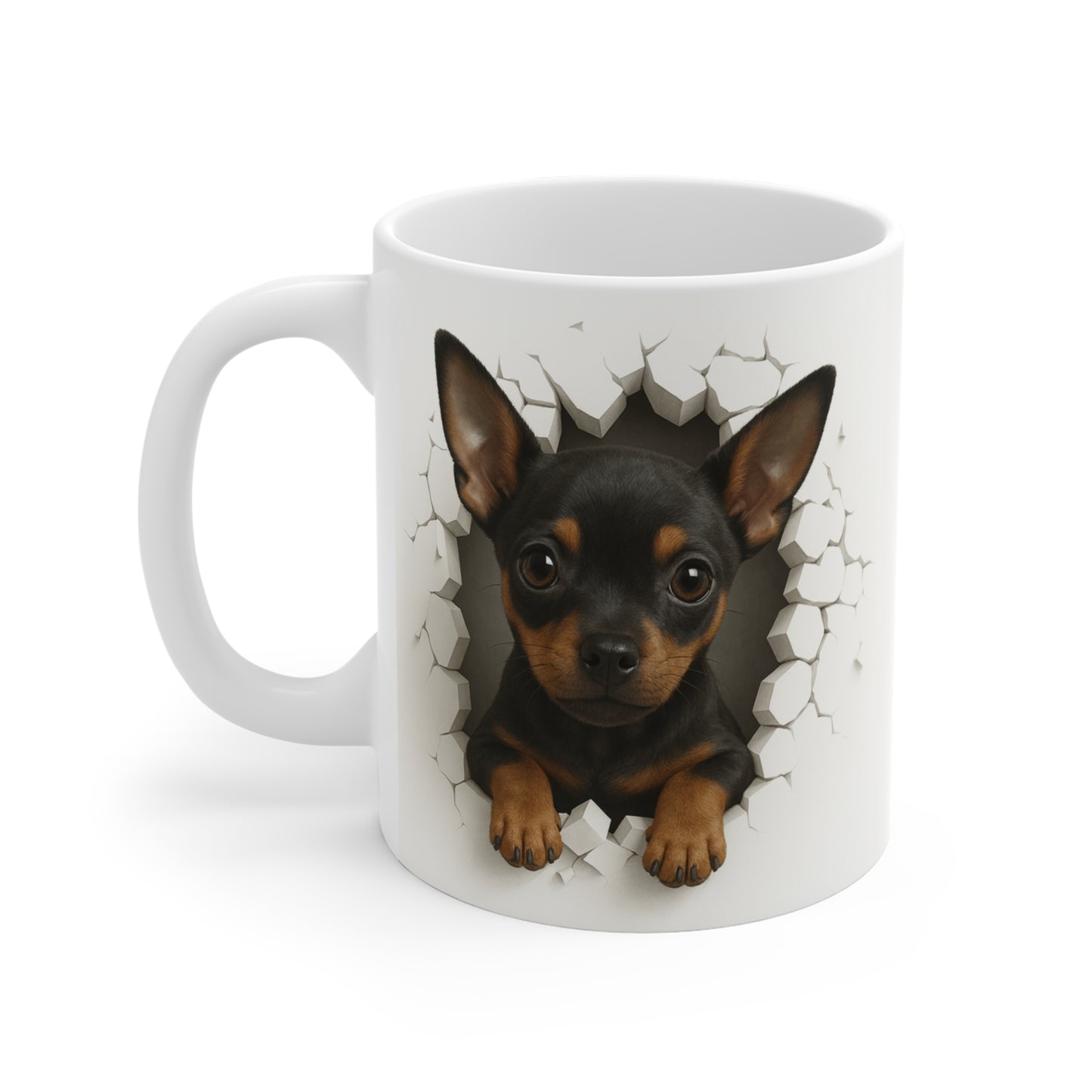 Mug Pinscher Nain Noir et Feu Effet Mur Cassé – Tasse Chien 3D Trompe-l’œil – Cadeau Original Amoureux du Pinscher