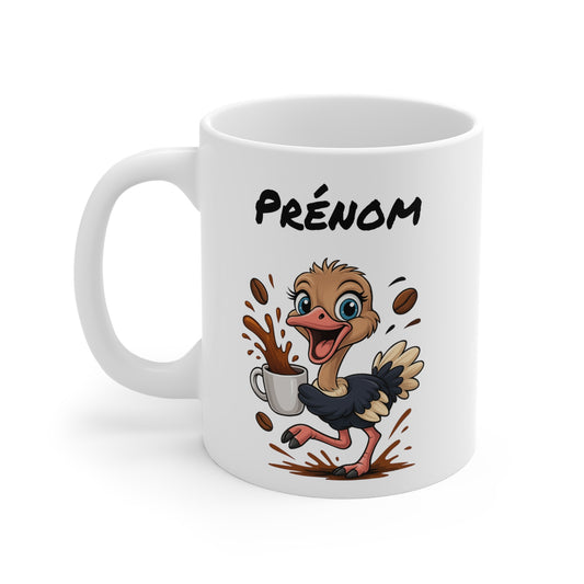 Tasse Personnalisable Autruche Café – Mug Prénom Cartoon – Cadeau Original Amateur de Café 325ml