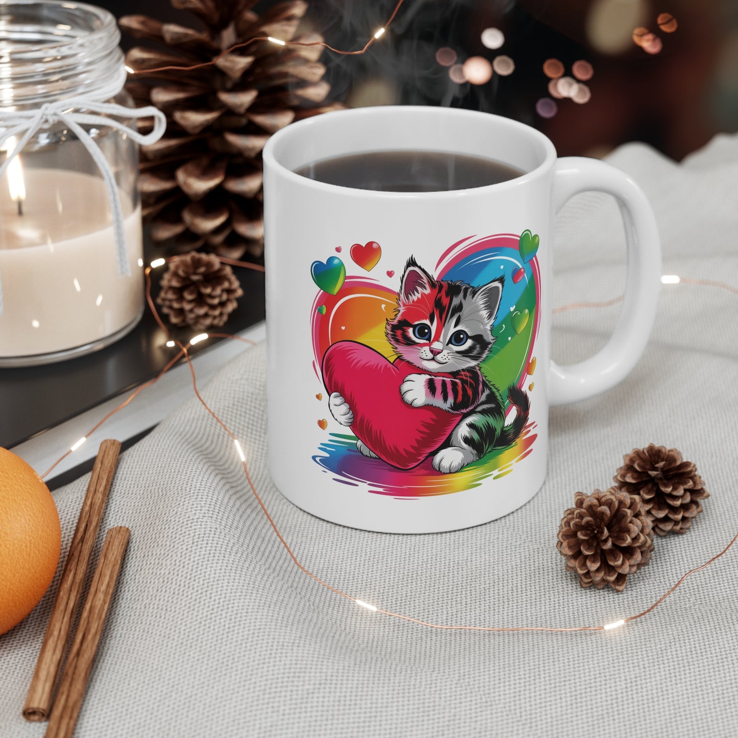 Tasse Chaton Mignon avec Cœur – Mug Kawaii Arc-en-Ciel et Love – Design Cute et Coloré – Cadeau Original Femme, Enfant et Amoureux des Chats – Céramique 325ml