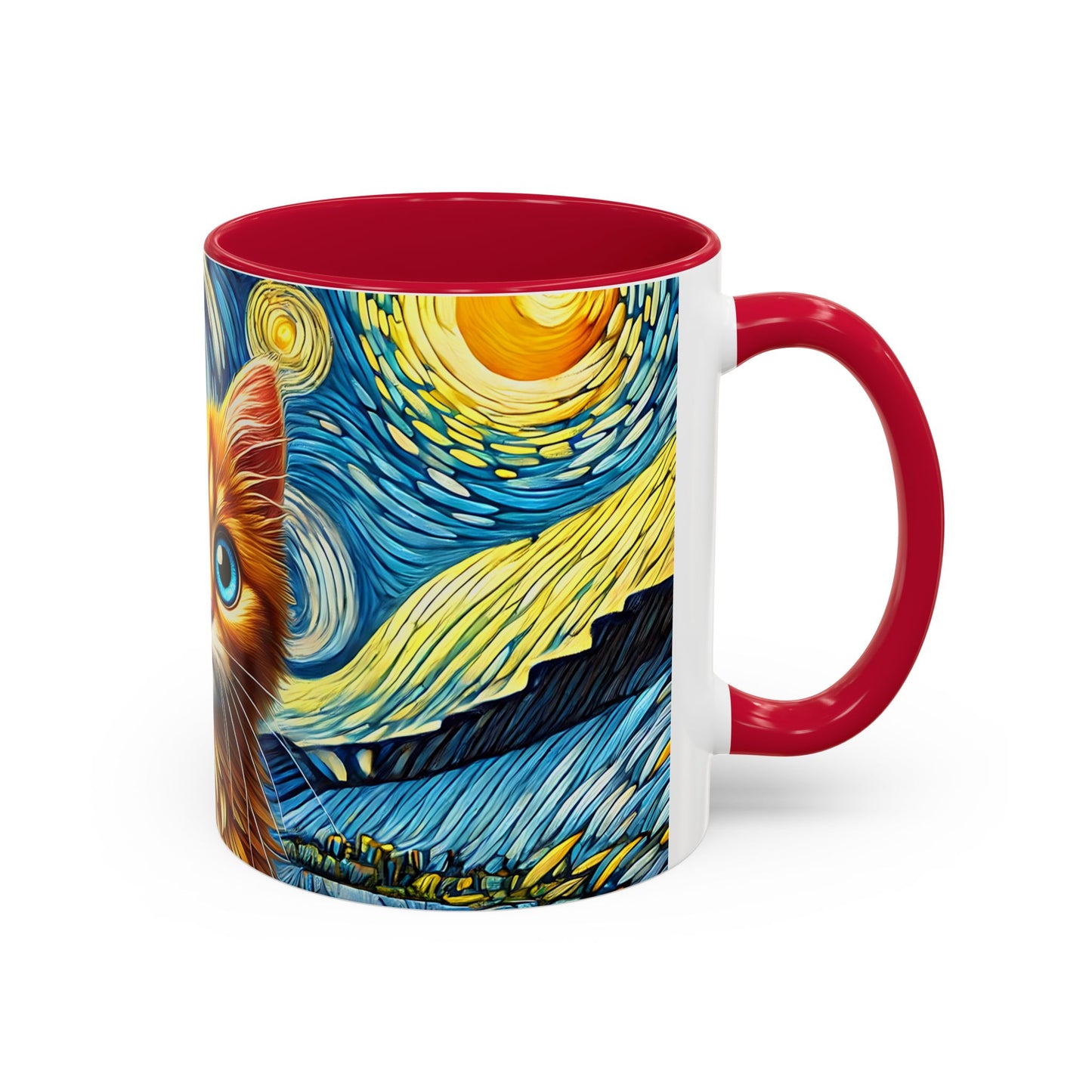 Mug Chaton Style Van Gogh – Tasse Artistique Nuit Étoilée avec Chat Orange aux Yeux Bleus – Cadeau Amoureux des Chats 325ml