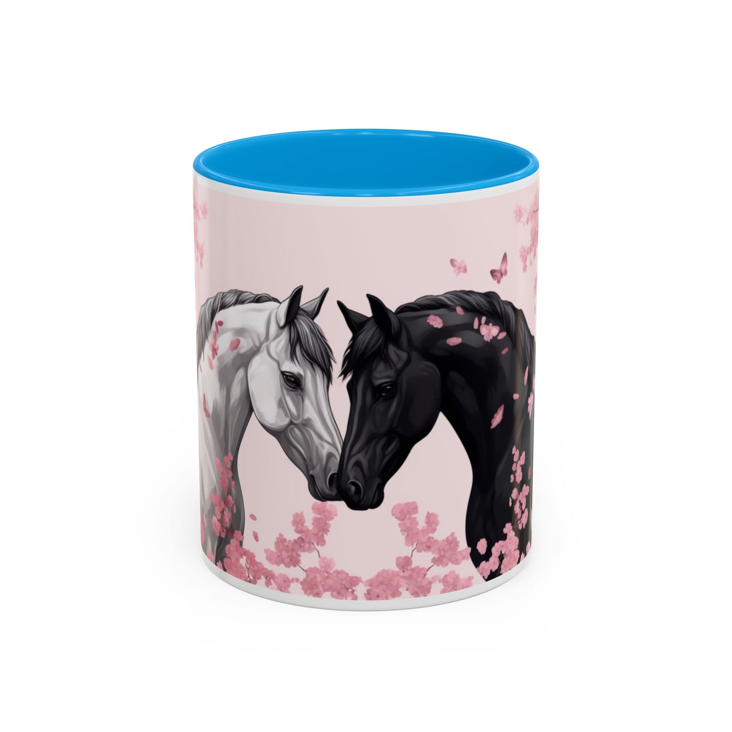 Mug Chevaux Sakura – Tasse Cheval Noir et Blanc avec Fleurs de Cerisier Roses – Cadeau Passion Cheval 325ml